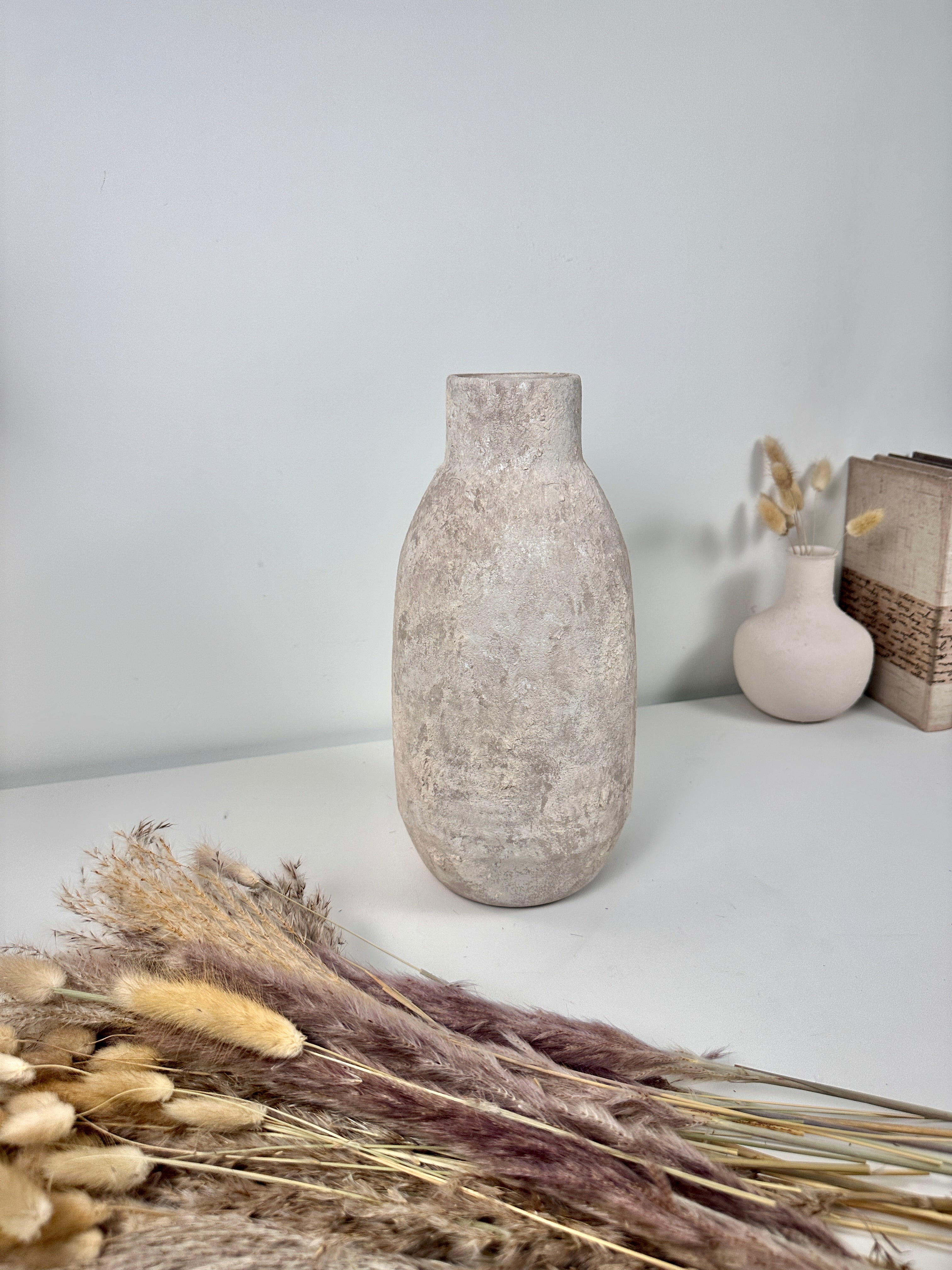 Rustic Hand-Painted/Textured Ceramic Vase 12” tall - beige washed