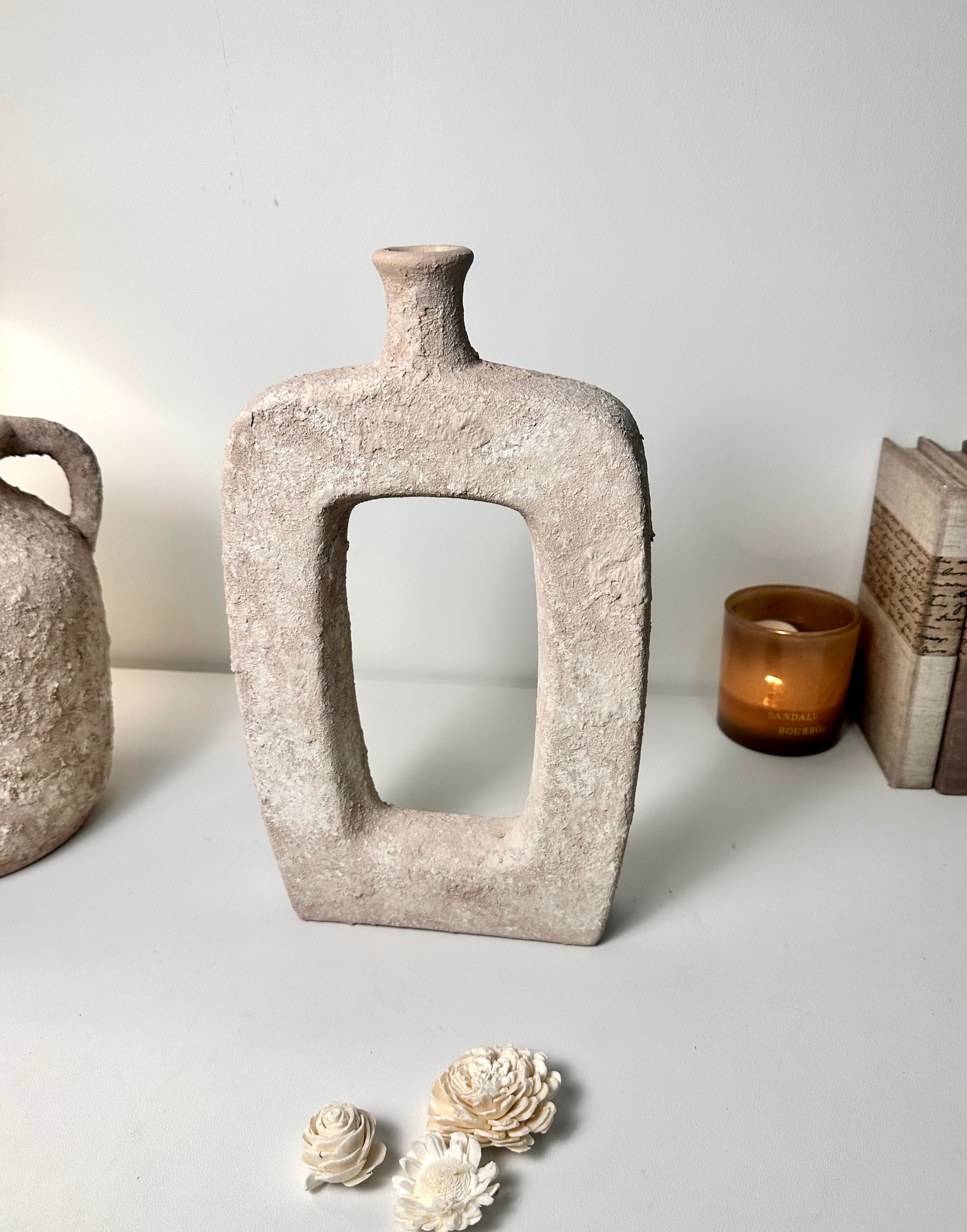 Rustic Hand-Painted Textured Vase 10" tall - Beige Wash