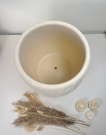 Minimalist Hand-Painted & Textured Planter Pot 12.5" tall with drainage hole one time creation - Cream Linen wash