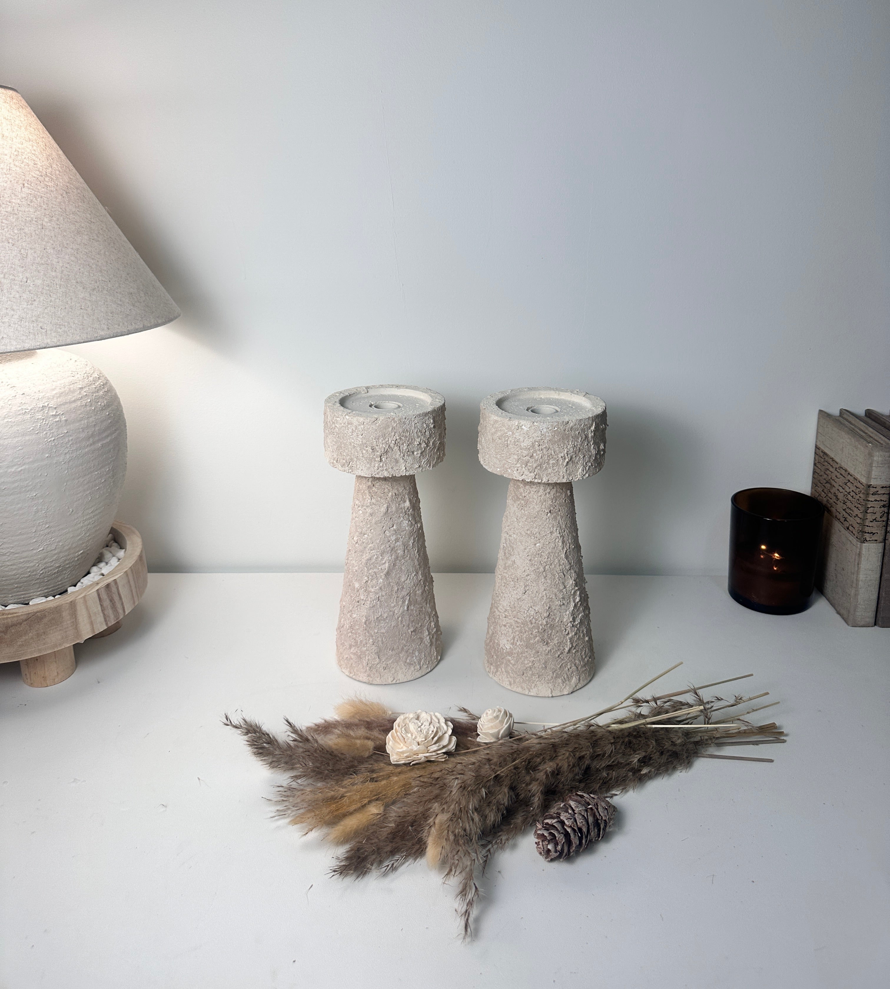 Set of 2 candle holder tray and stick minimalist style 11" tall - Cream wash