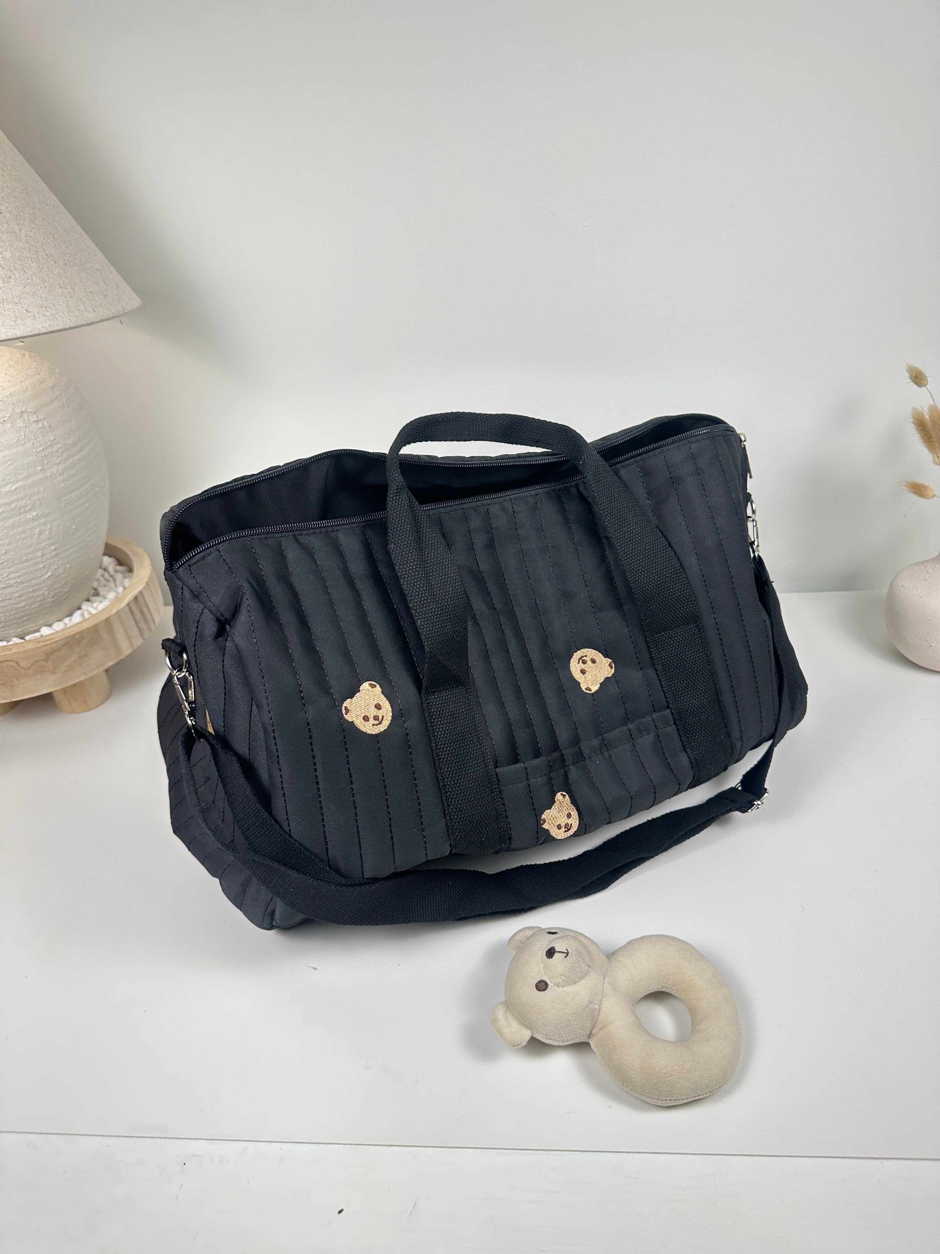 Cozy Quilted Baby Diaper Bag with Bear Pattern, Large Capacity Travel Tote 18“Lx6”Wx12“H