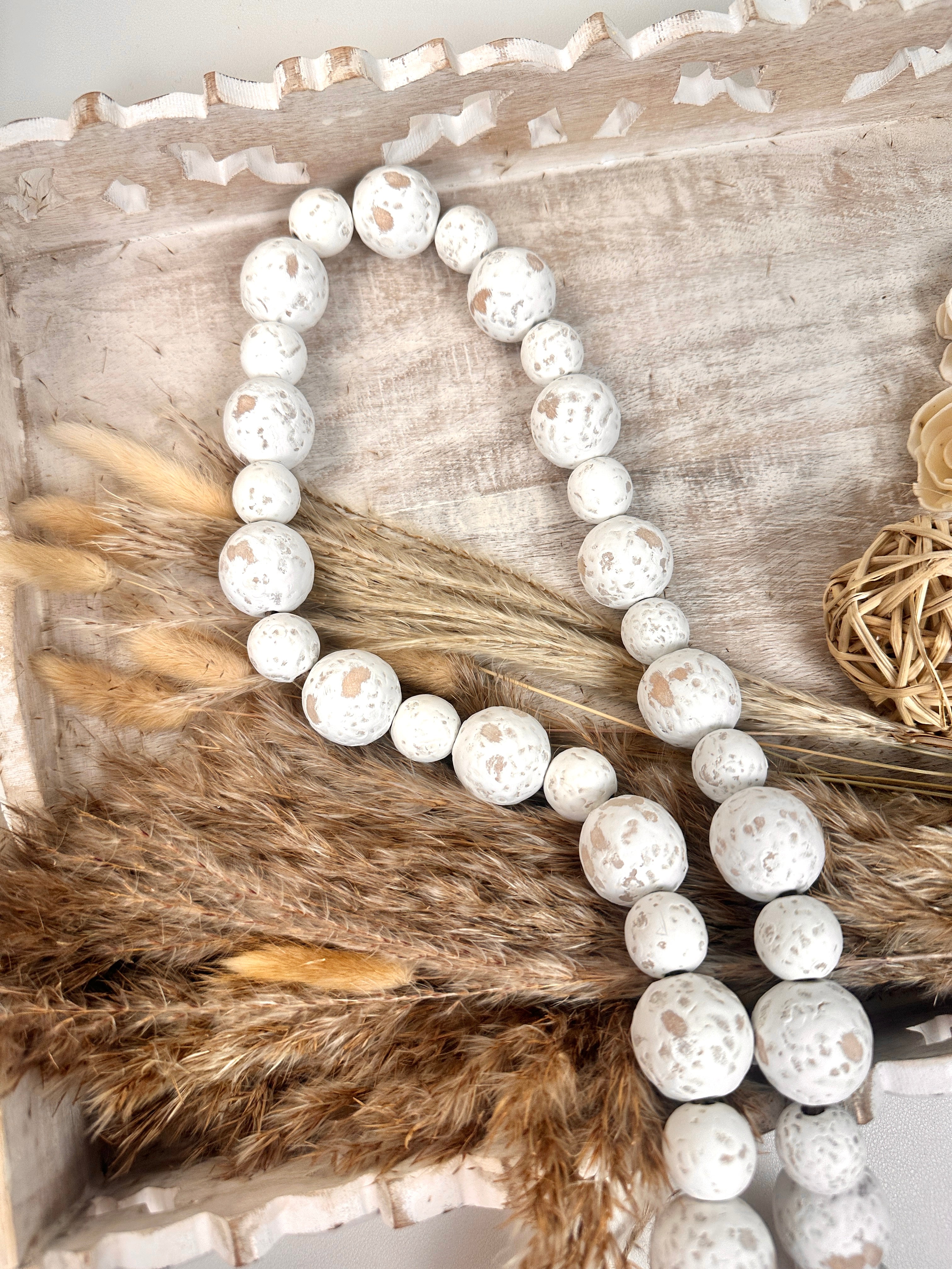 Set of 2 Boho Paulownia Bowl Tray 7"tall Ivory Sand + Wood Bead Garland