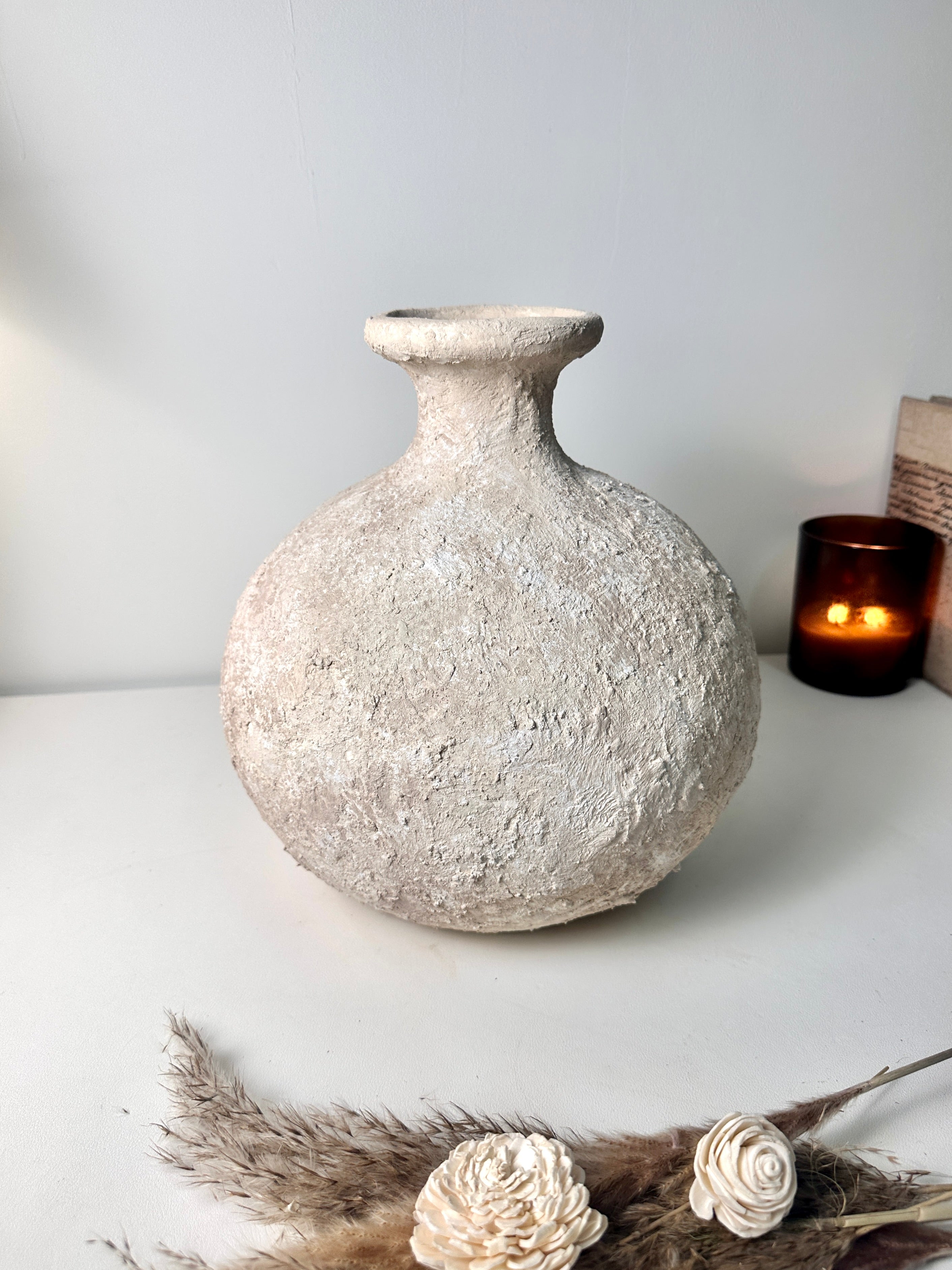 Rustic Hand-Painted Ceramic Round Bottle Vase 12" tall - Cream Sand Wash