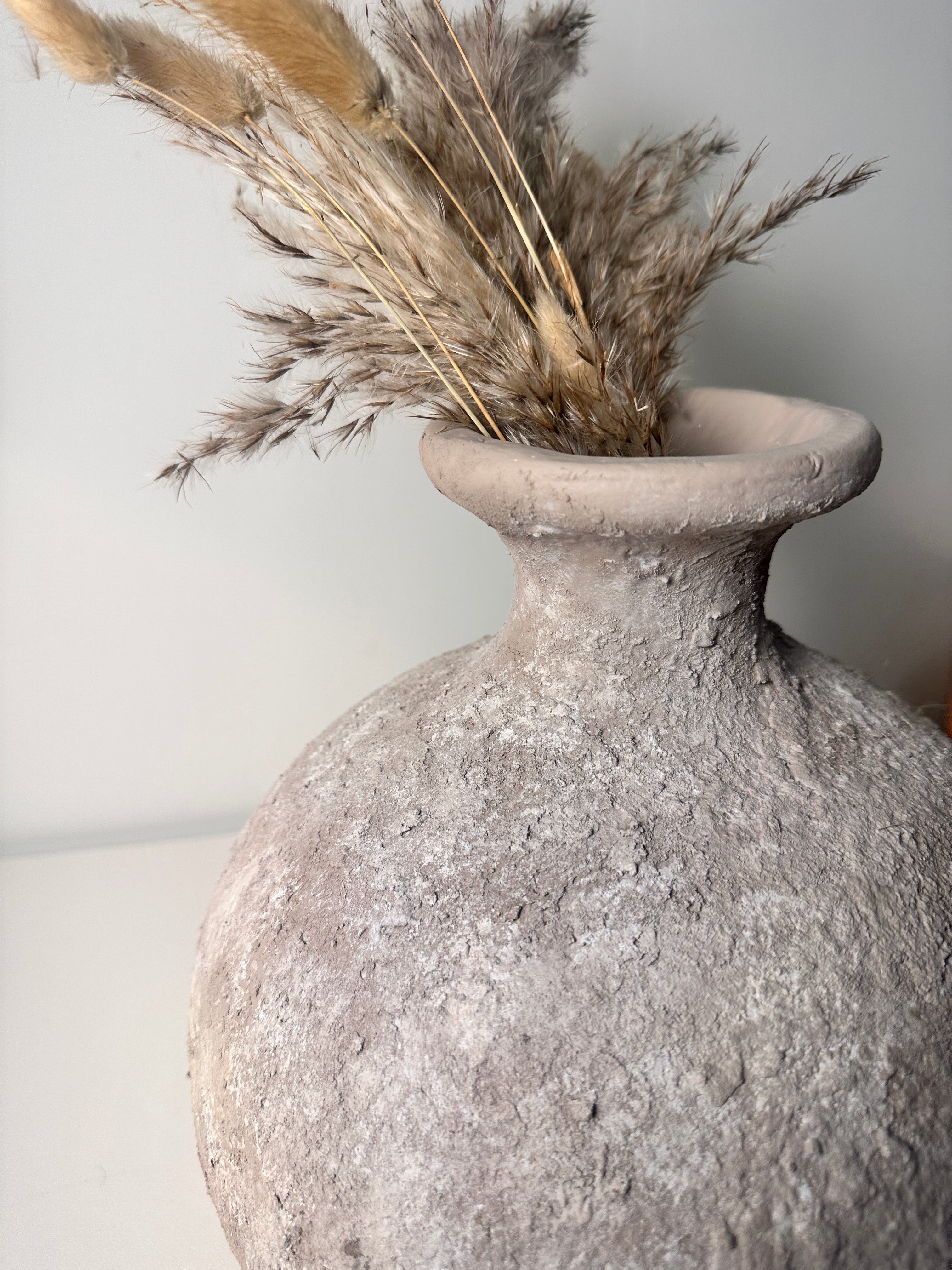 Rustic Hand-Painted Ceramic Round Bottle Vase 11" tall - Beige Wash