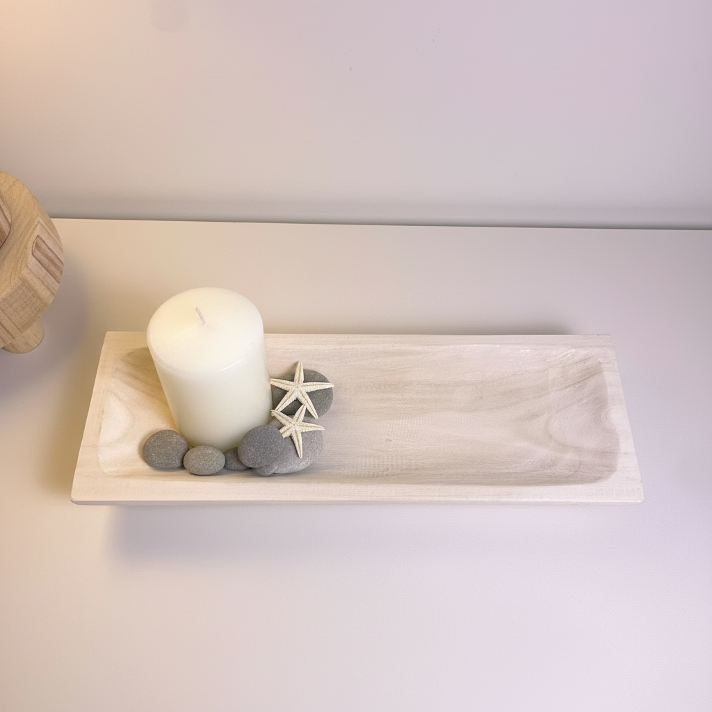 Paulownia Wood Boho Tray 20" long - Ivory Sand Whitewashed