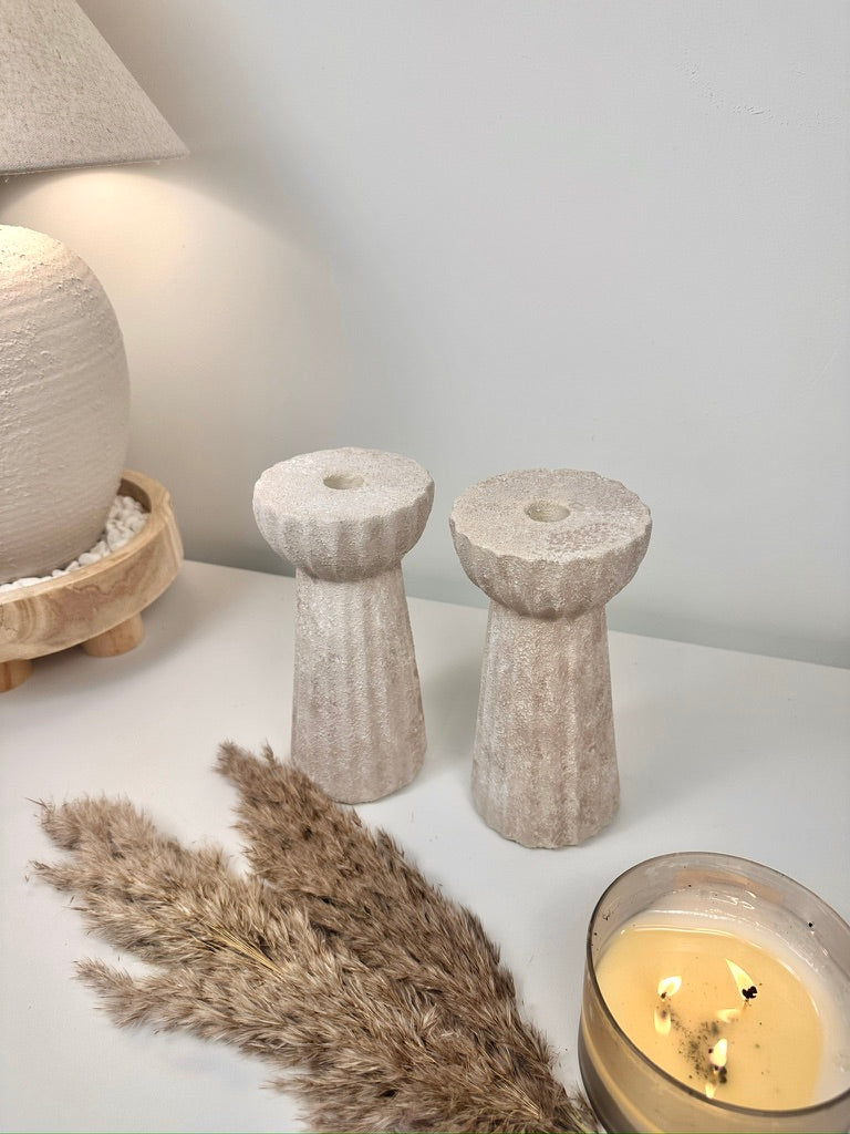 Set of 2 Textured Hand-Painted Candlestick 10" tall - Beige Washed