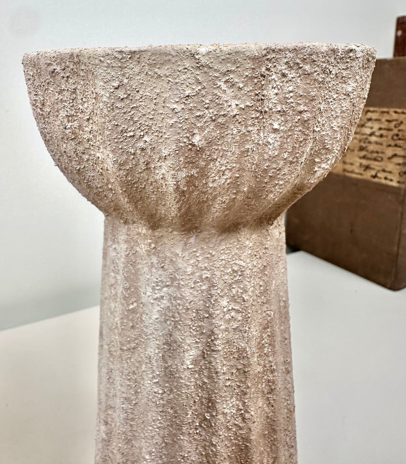 Set of 2 Textured Hand-Painted Candlestick 10" tall - Beige Washed