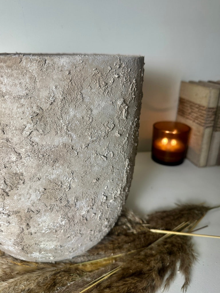 11" tall Minimalist Hand-Painted & Textured Planter Pot with drainage hole - Mesa Beige