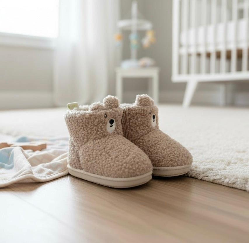 Cozy Winter Sherpa Fleece Bootie Slippers, Plush Lined Indoor House Bear Shoes for Toddlers, Beige