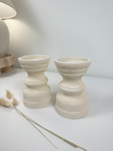 Set of 2 Candle Holders Minimalist Style Hand-Painted and Textured Wood 6" tall each - Cream White