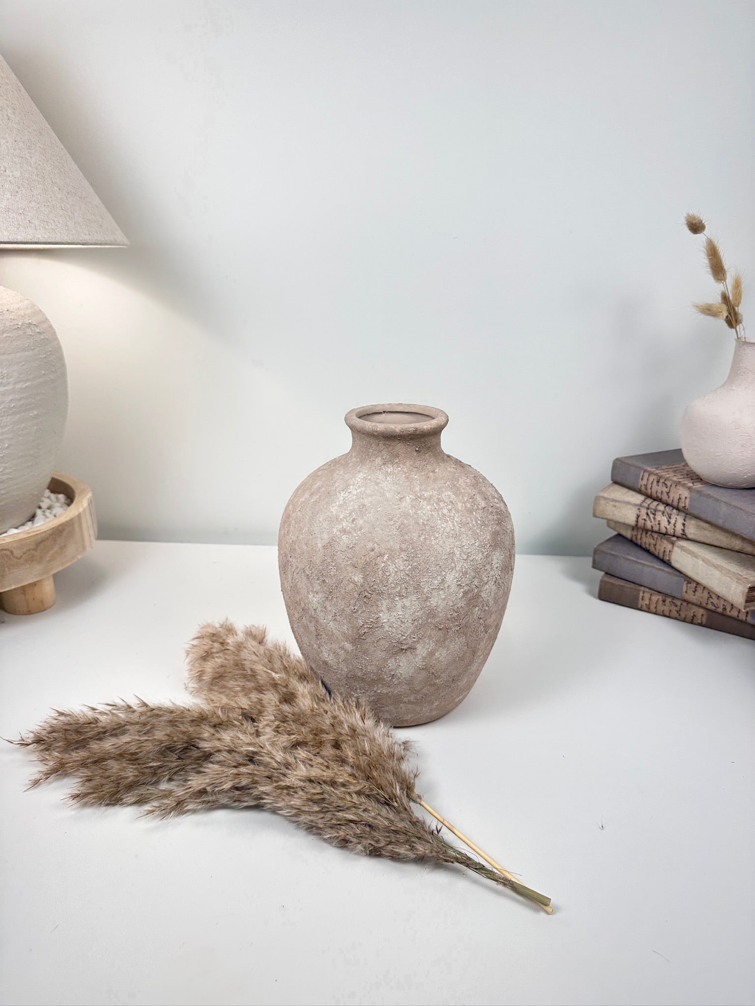 Minimalist Hand-Painted Textured Ceramic Vase 10" tall -  Beige Washed