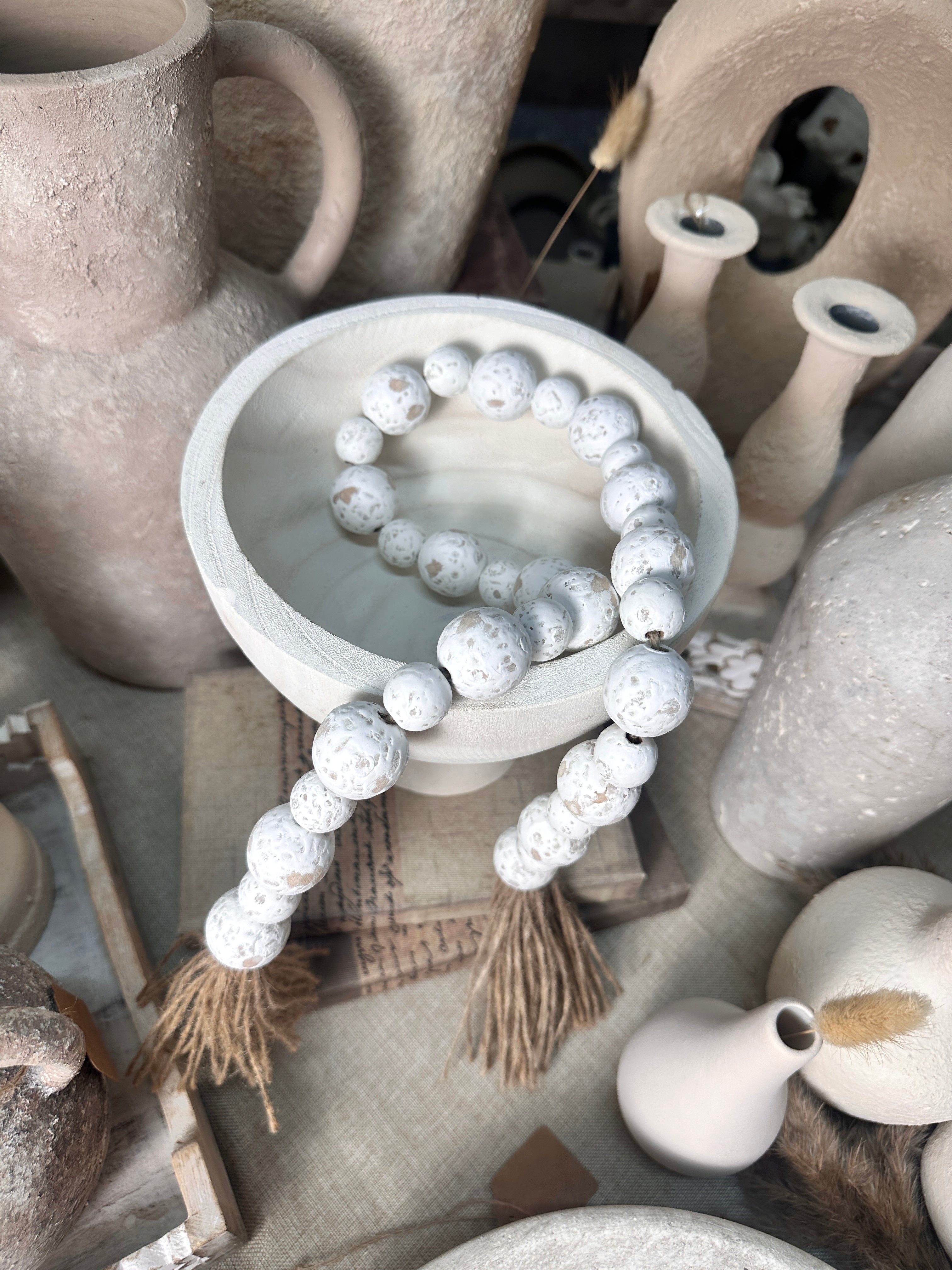 Set of 2 Boho Paulownia Bowl Tray 7"tall Ivory Sand + Wood Bead Garland