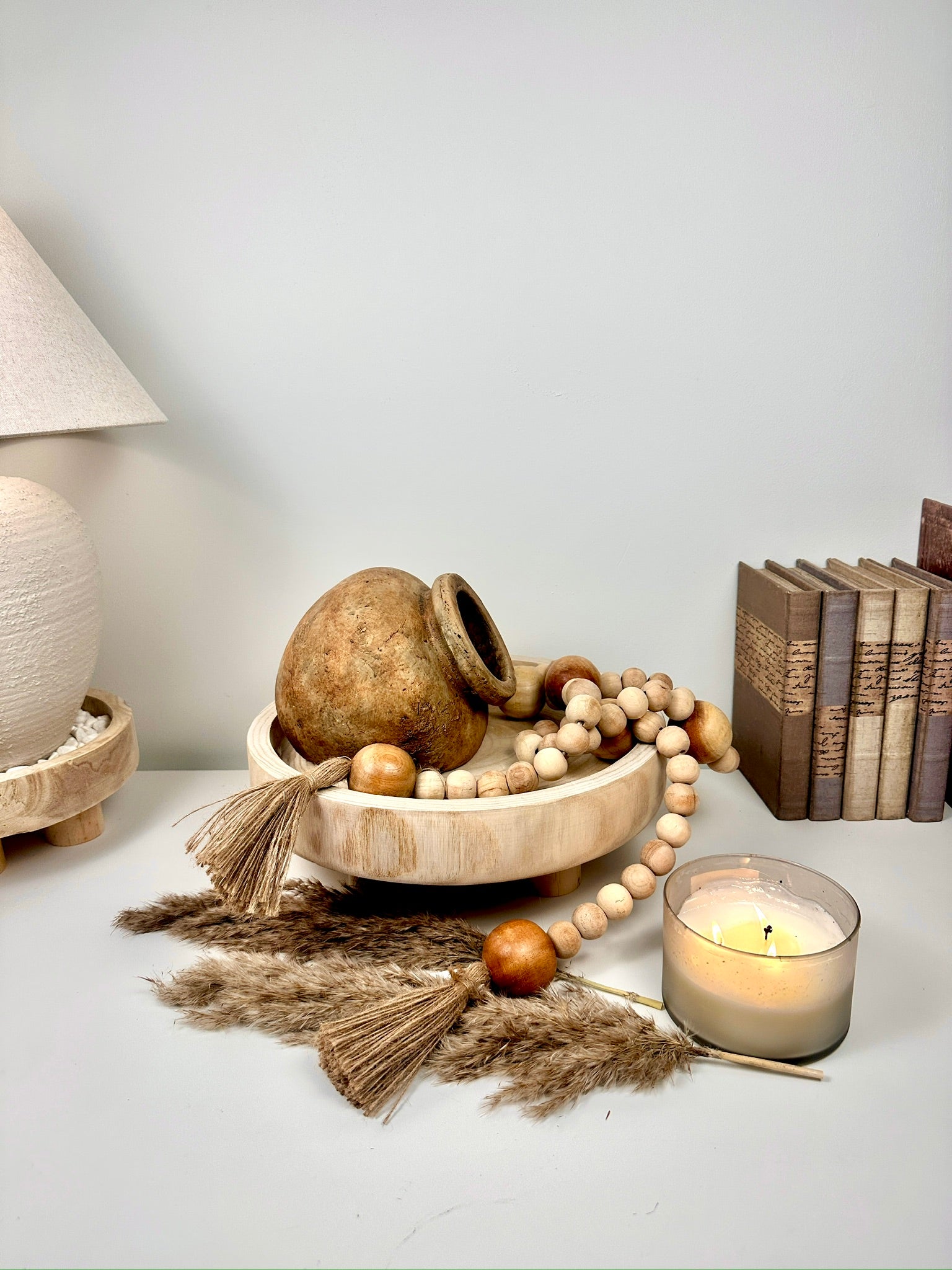 Set of 3 Decorative Accent Boho Mediterranean Style, Organic and Rustic Centerpiece Setting (Vase, Paulownia Tray and Natural Wood Bead Garland)