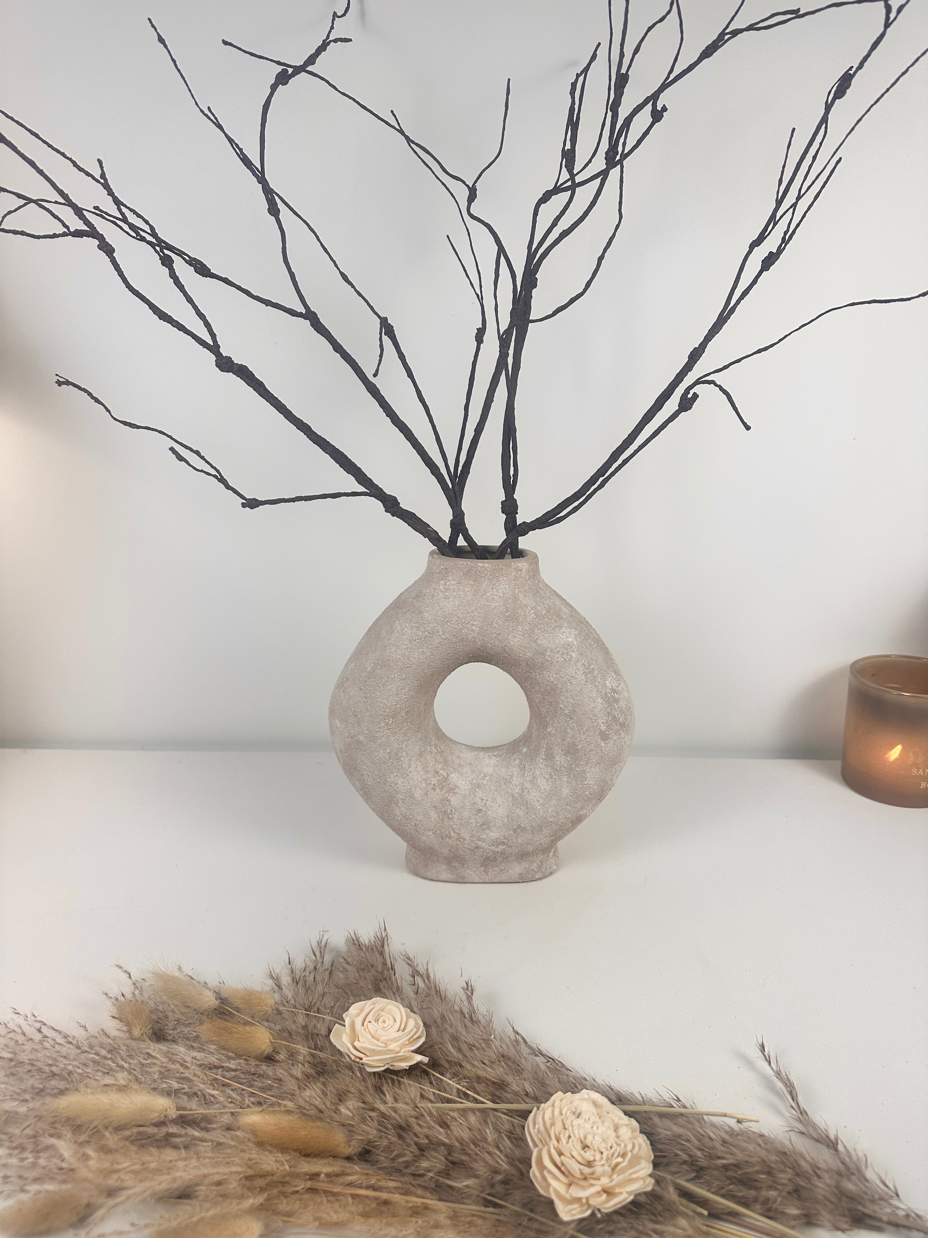Ceramic Hand-Painted 9.5" tall Vase Donut Shape - Beige wash