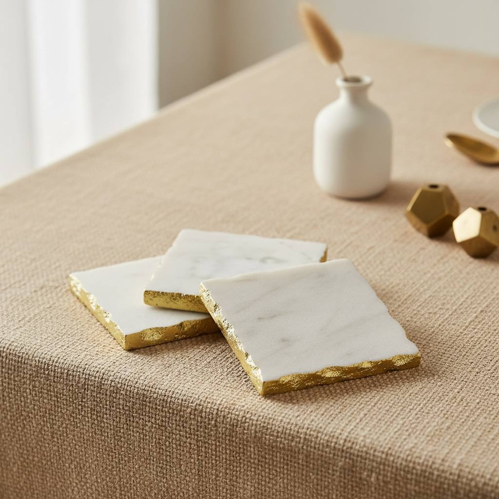 Elegant White Marble and Gold Coasters - Set of 4