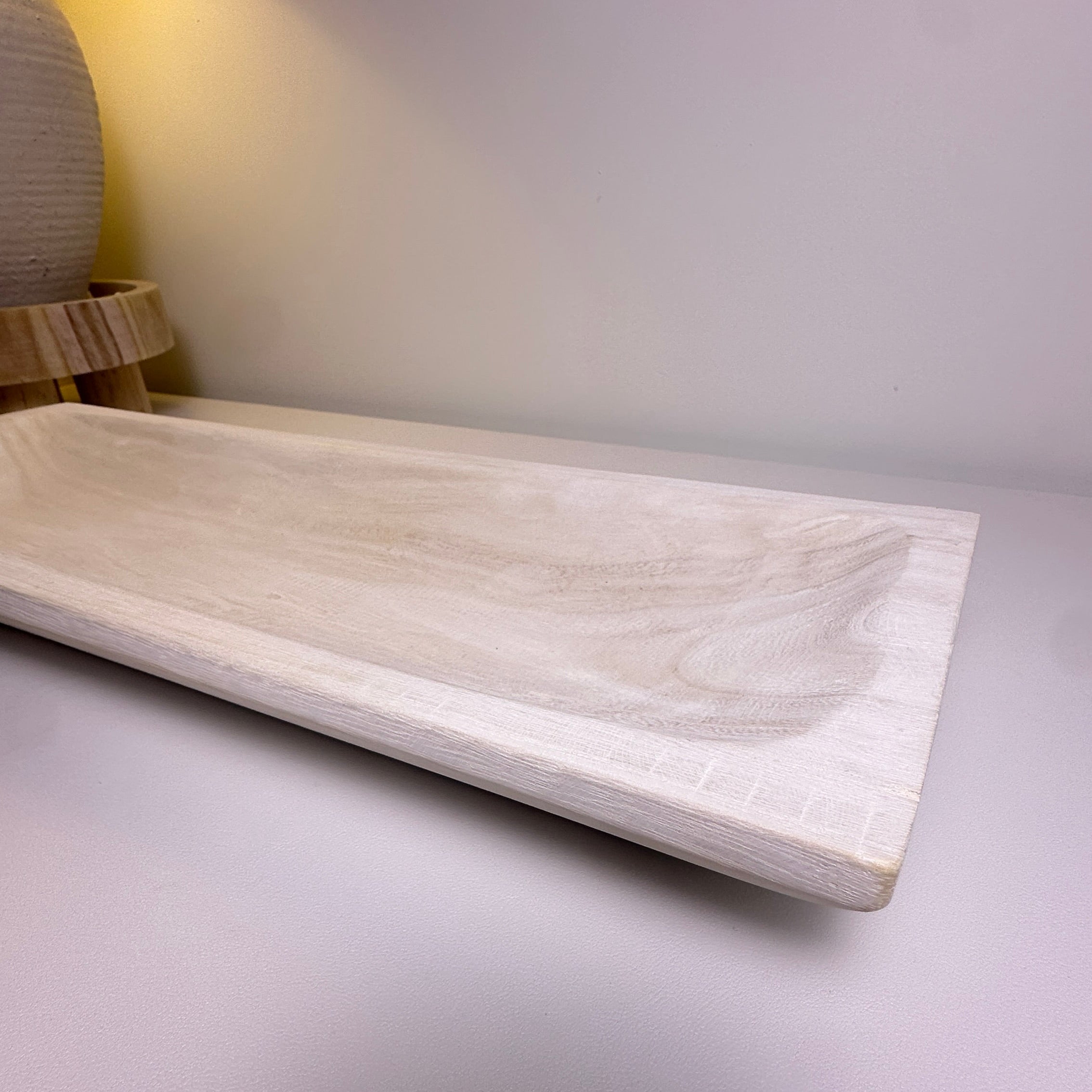 Paulownia Wood Boho Tray 20" long - Ivory Sand Whitewashed