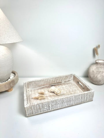 Boho Handmade Serving Wooden Tray Whitewash Finish with Stripes 12x10x2.5”