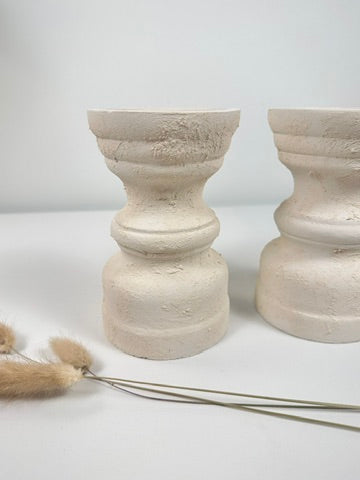 Set of 2 Candle Holders Minimalist Style Hand-Painted and Textured Wood 6" tall each - Cream White