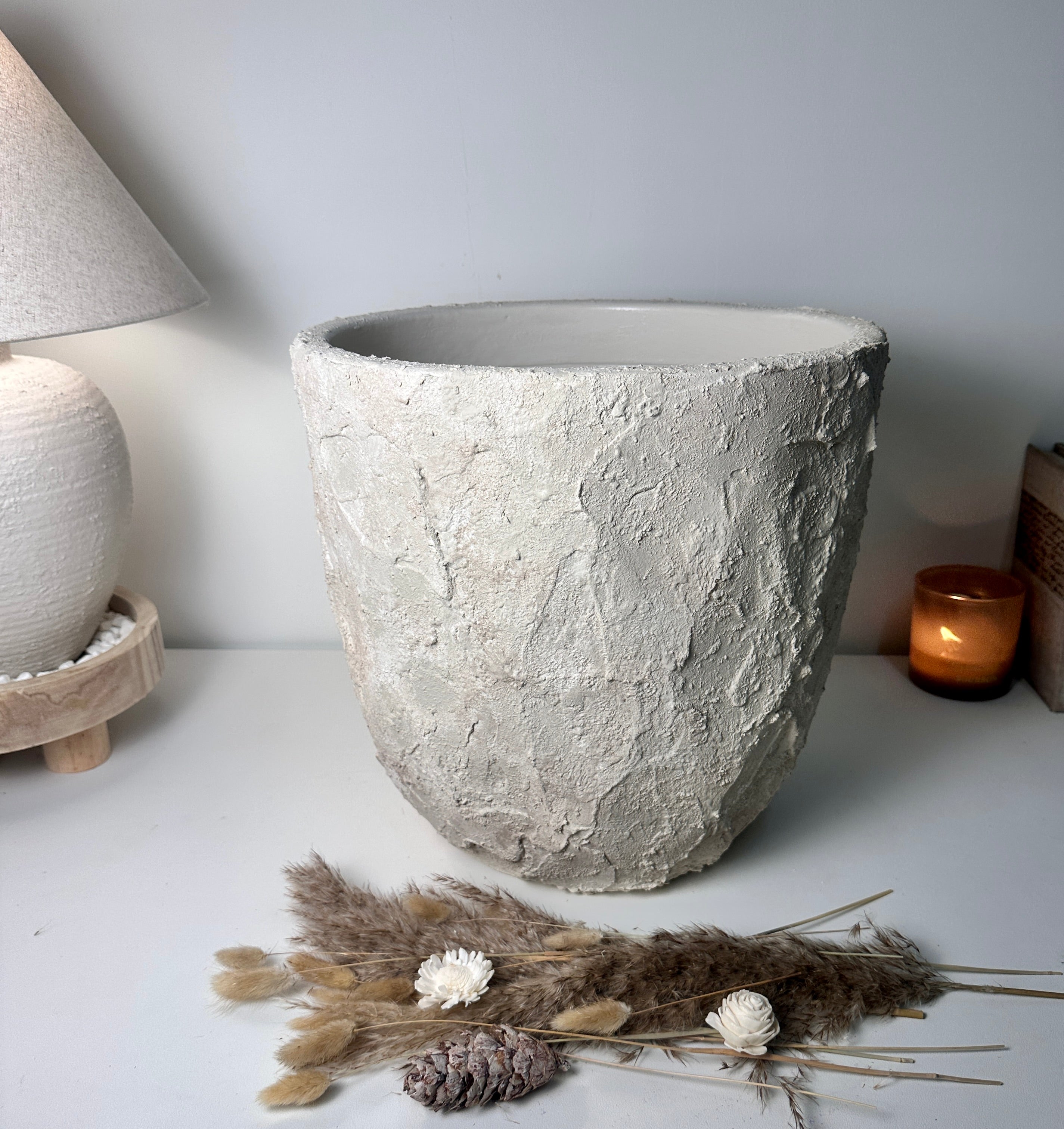 Minimalist Hand-Painted & Textured Planter Pot 14" tall with drainage hole one time creation - Cream