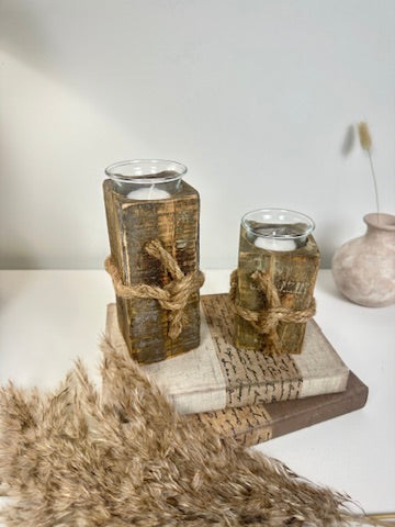 Set of 2 Rustic Farmhouse Handcrafted Candle Holders 4“ and 6” tall