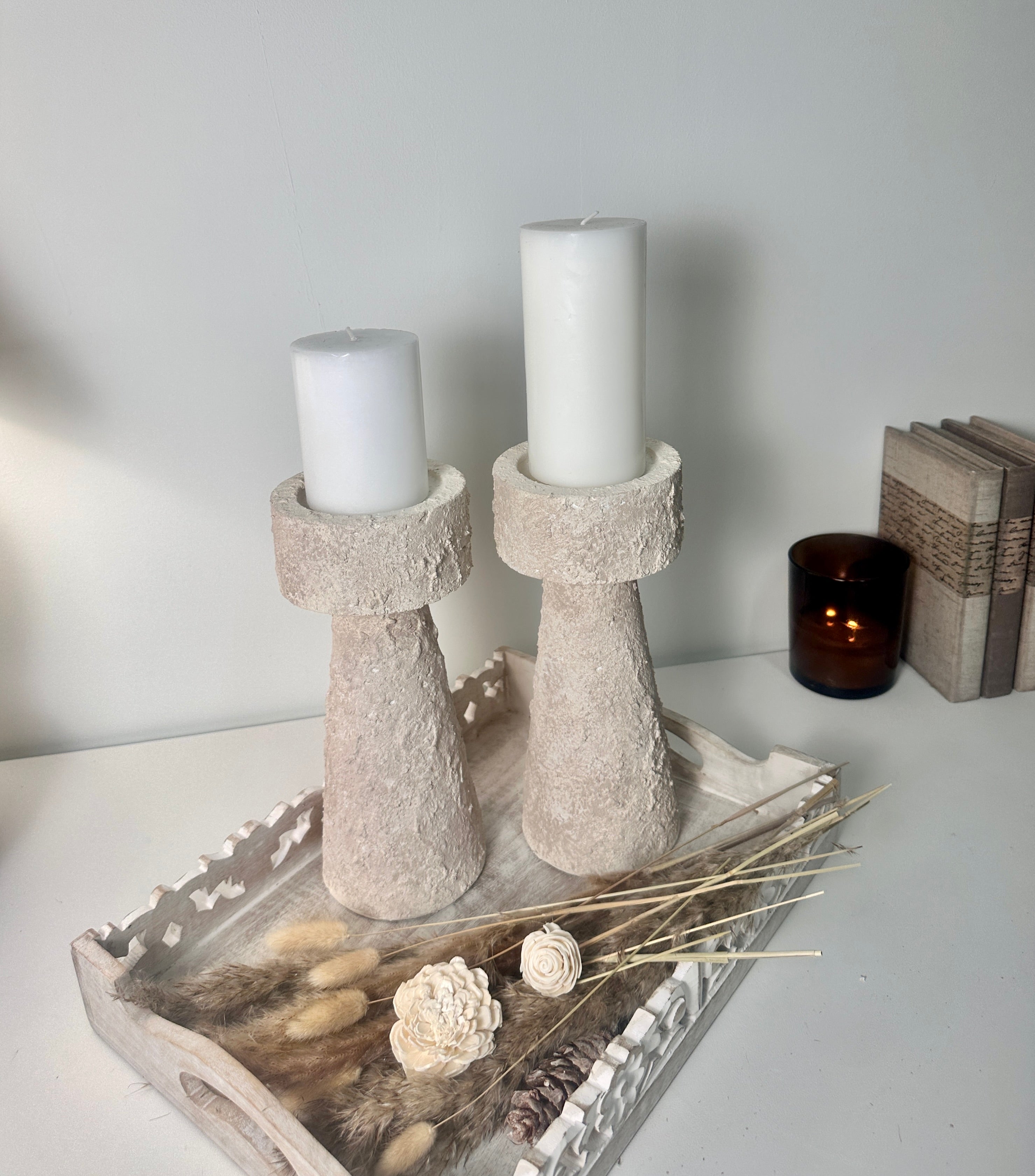 Set of 2 candle holder tray and stick minimalist style 11" tall - Cream wash