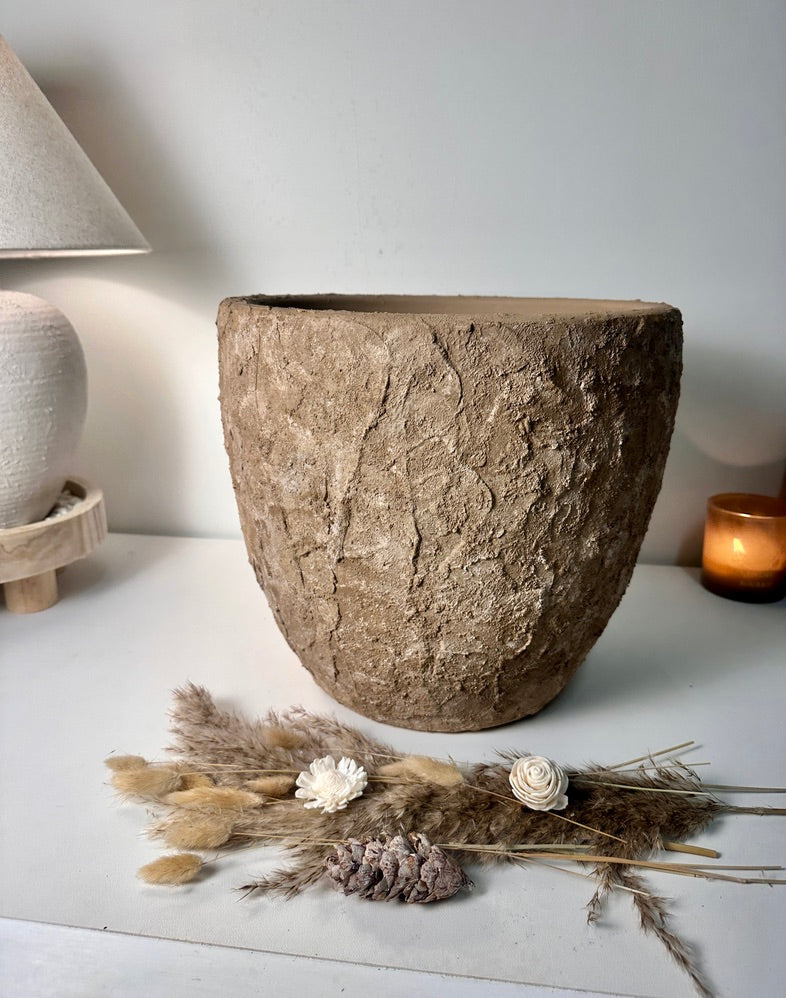 Rustic Hand-Painted & Textured Planter Pot 13" tall with drainage hole one time creation - Earth Brown on Brown