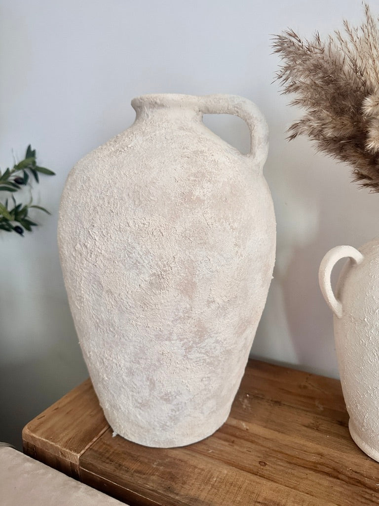 Amphora-inspired Shape Vase With One Handle, Painted And Textured By Hand, Off White/ Cream