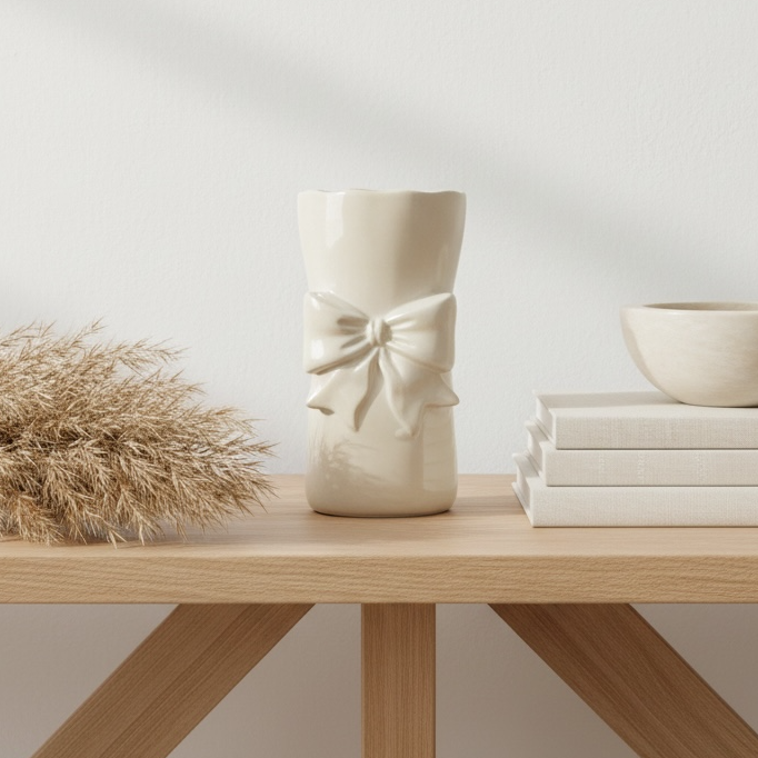 Bow Ceramic Vase with Bow 8” tall