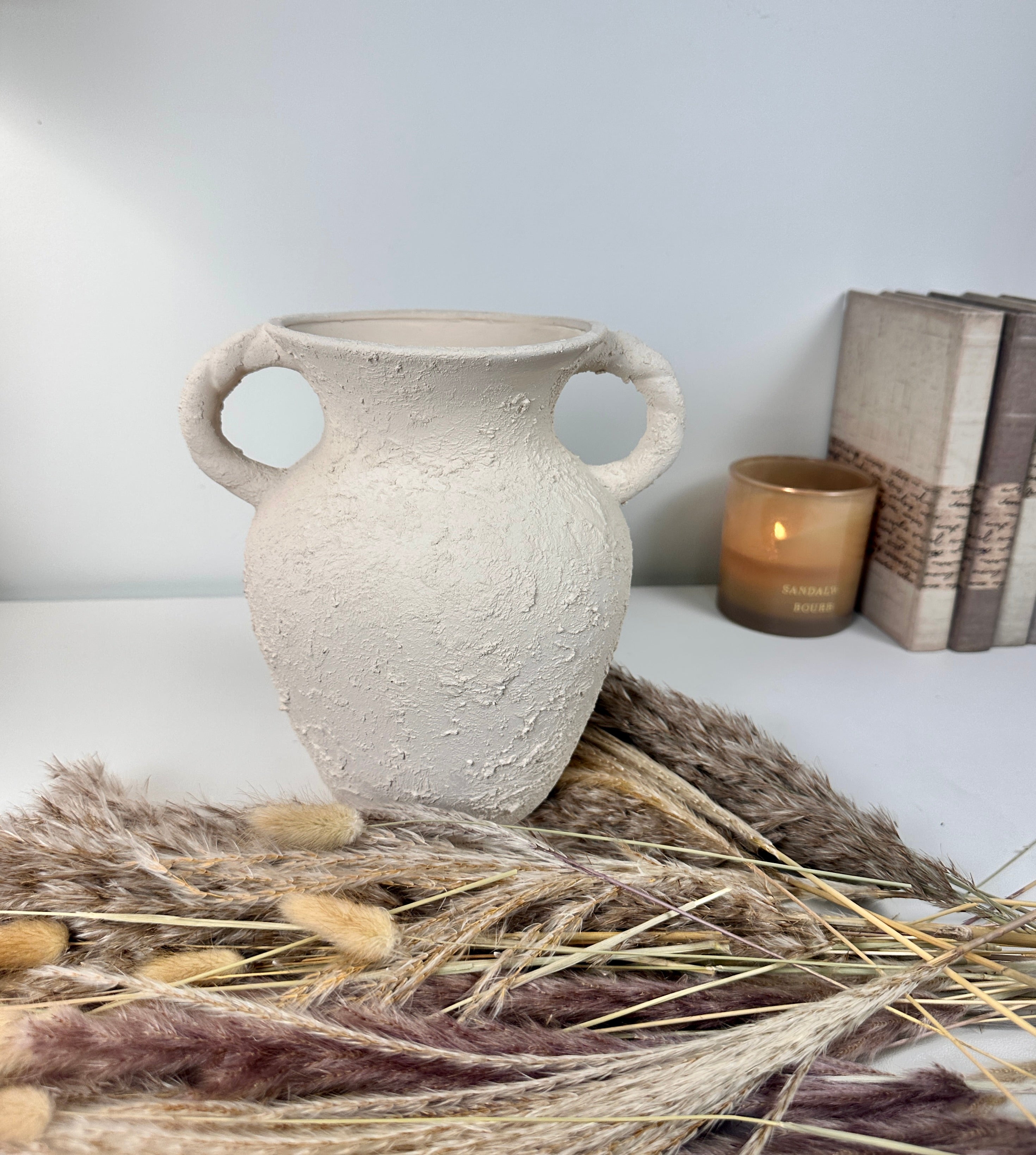 Minimalist Hand-Painted/Textured Ceramic Vase with 2 handles - 9" tall - Cream