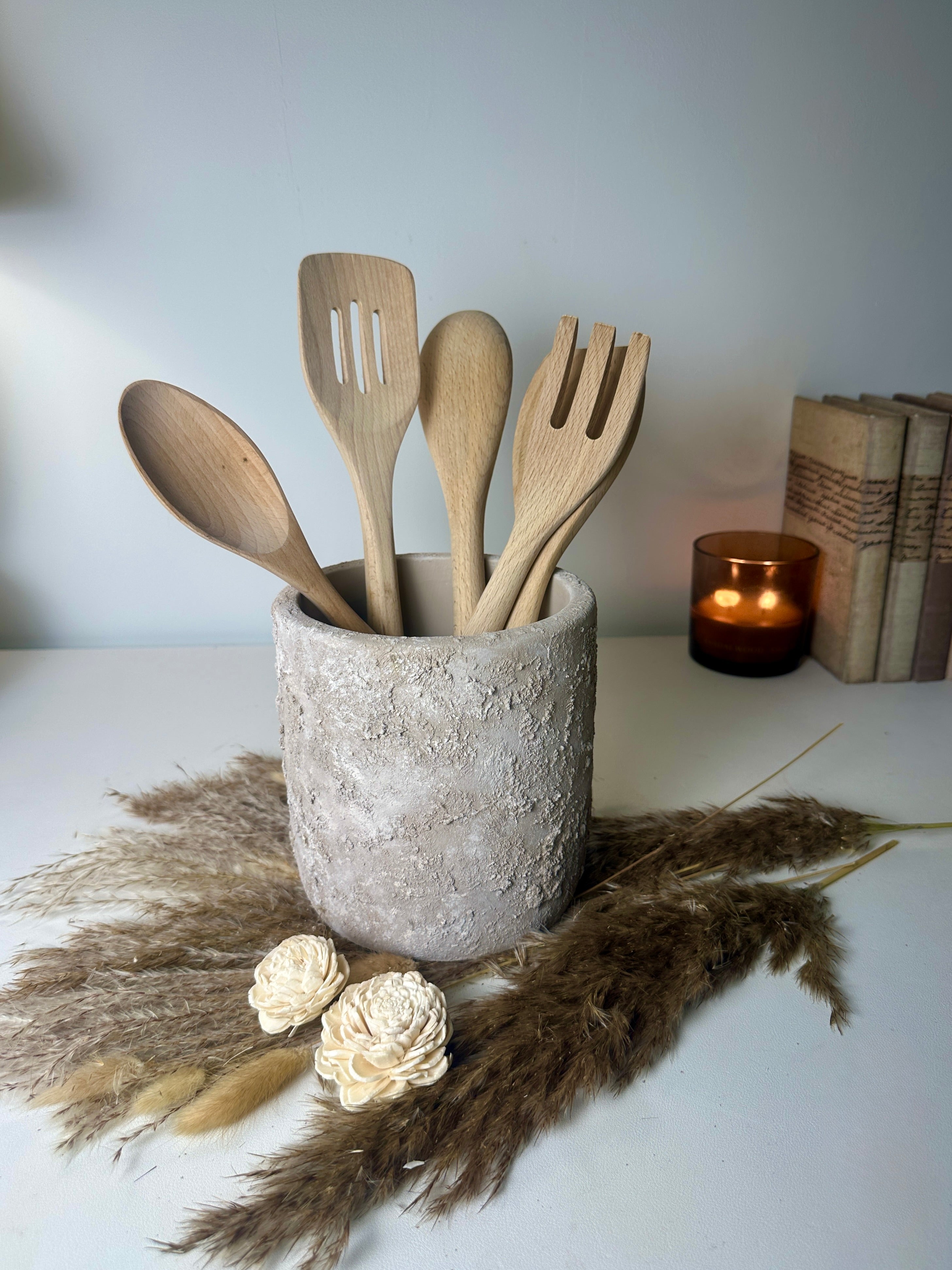 Utensil Spoon Kitchen Decor Pot Hand-Painted Textured 7" tall - Beige Wash