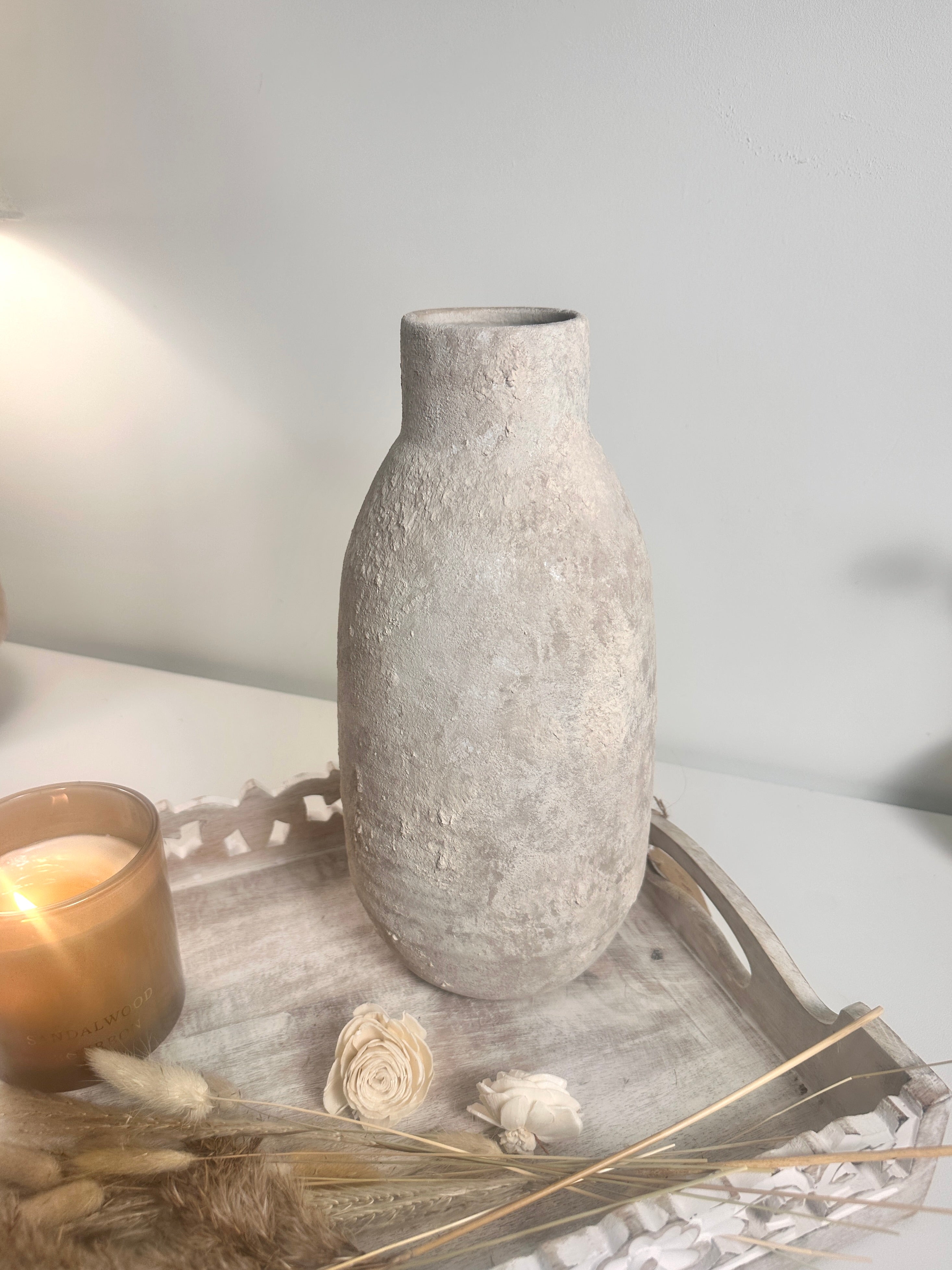 Rustic Hand-Painted/Textured Ceramic Vase 12” tall - beige washed