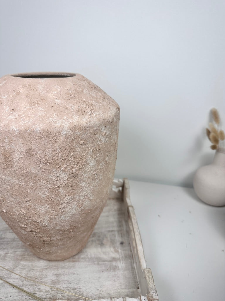 Rustic Minimalist Textured Hand-Painted Ceramic Vase 12" - Light Beige Wash