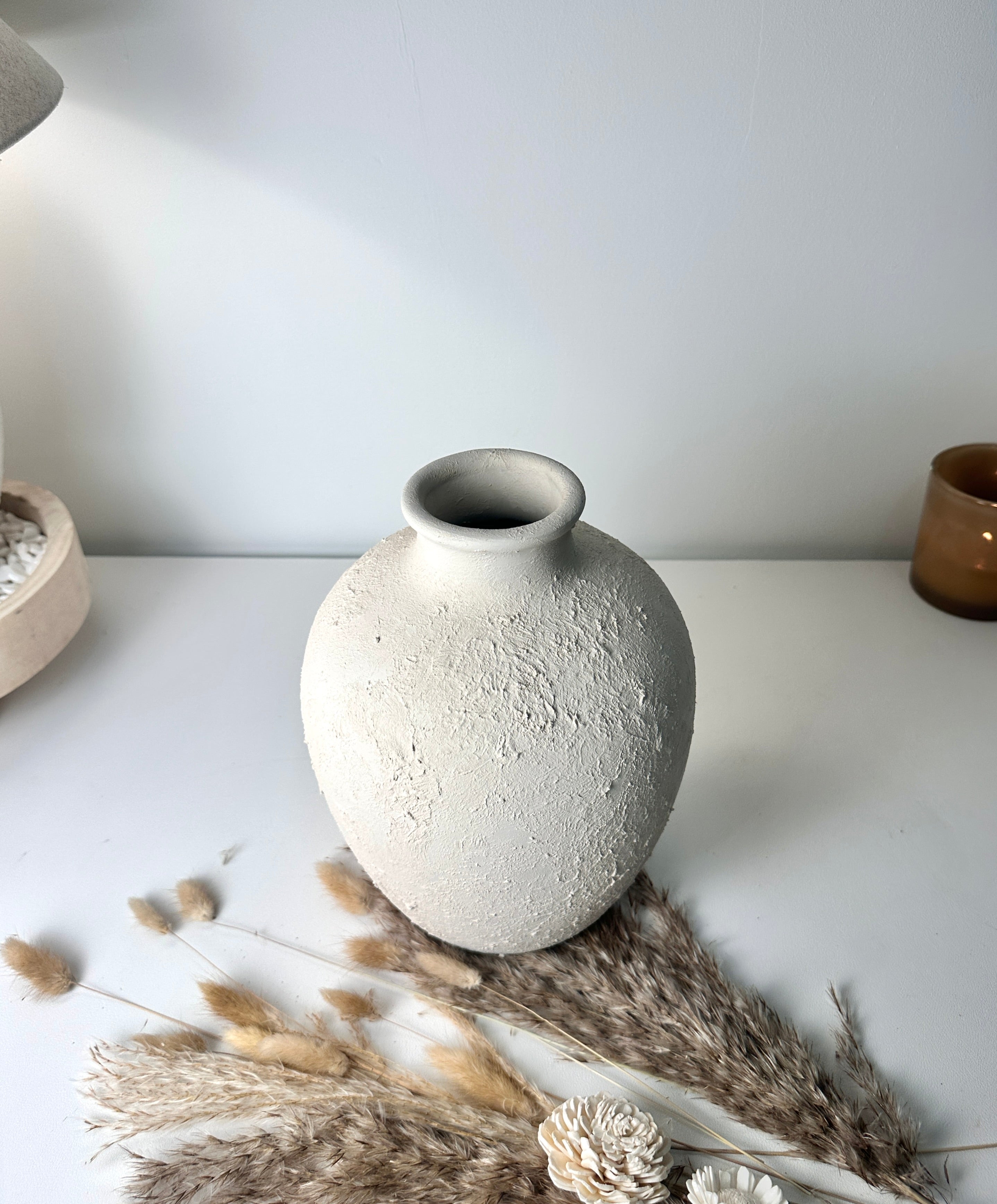 Minimalist Hand-Painted and Textured Ceramic Vase 10” tall - Cream