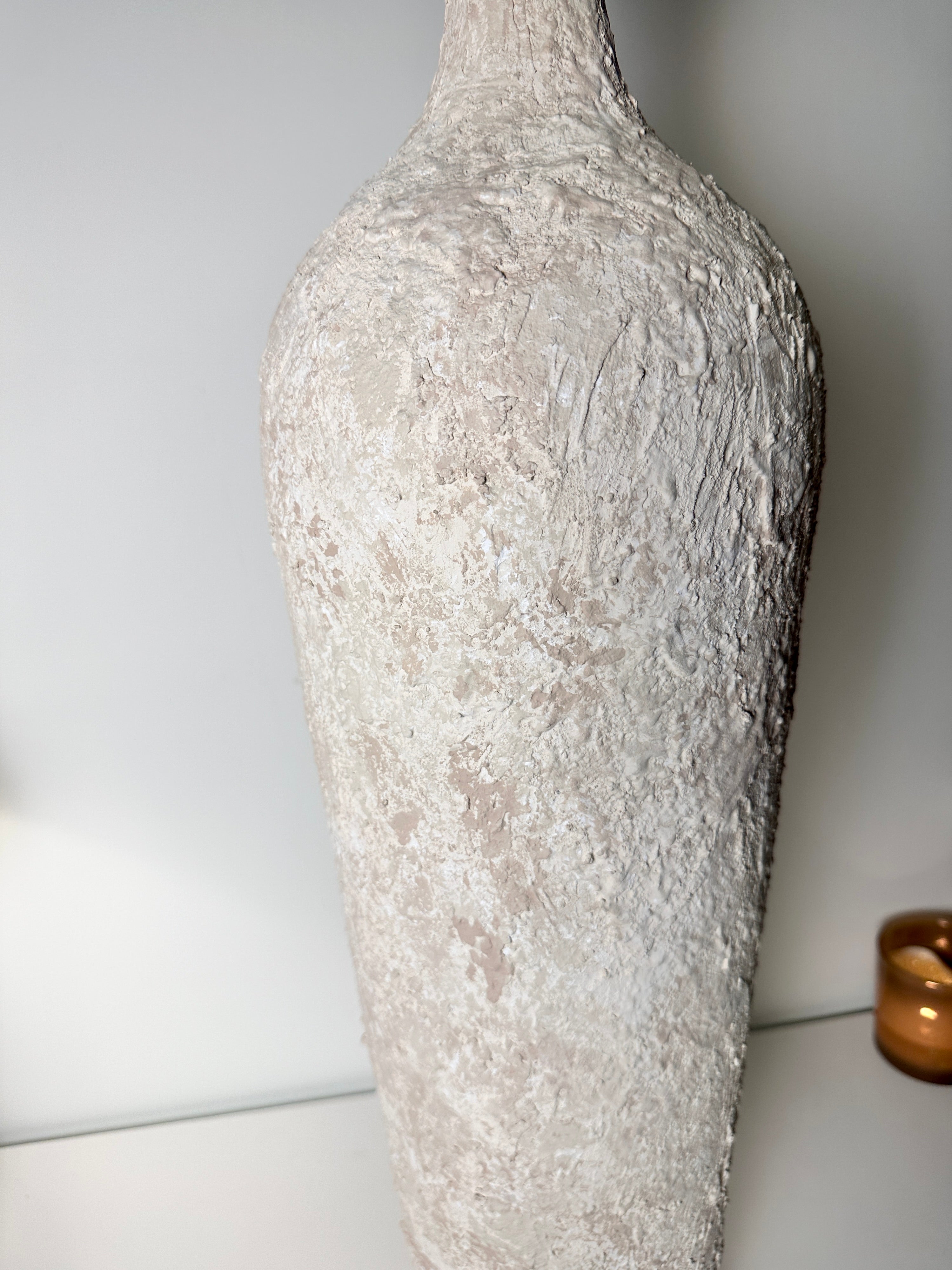 Floor Vase 32" tall minimalist hand-painted metal texture - cream wash