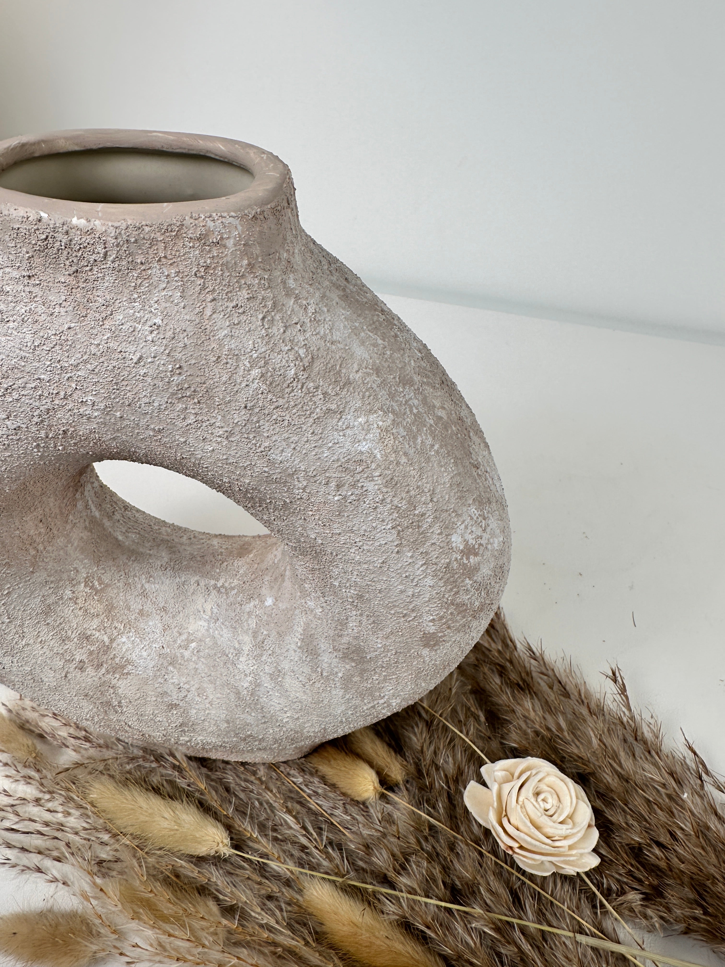 Ceramic Hand-Painted 9.5" tall Vase Donut Shape - Beige wash