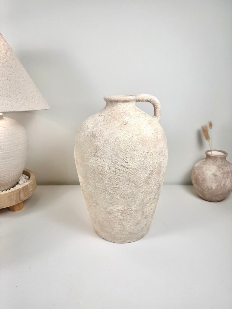 Amphora-inspired Shape Vase With One Handle, Painted And Textured By Hand, Off White/ Cream