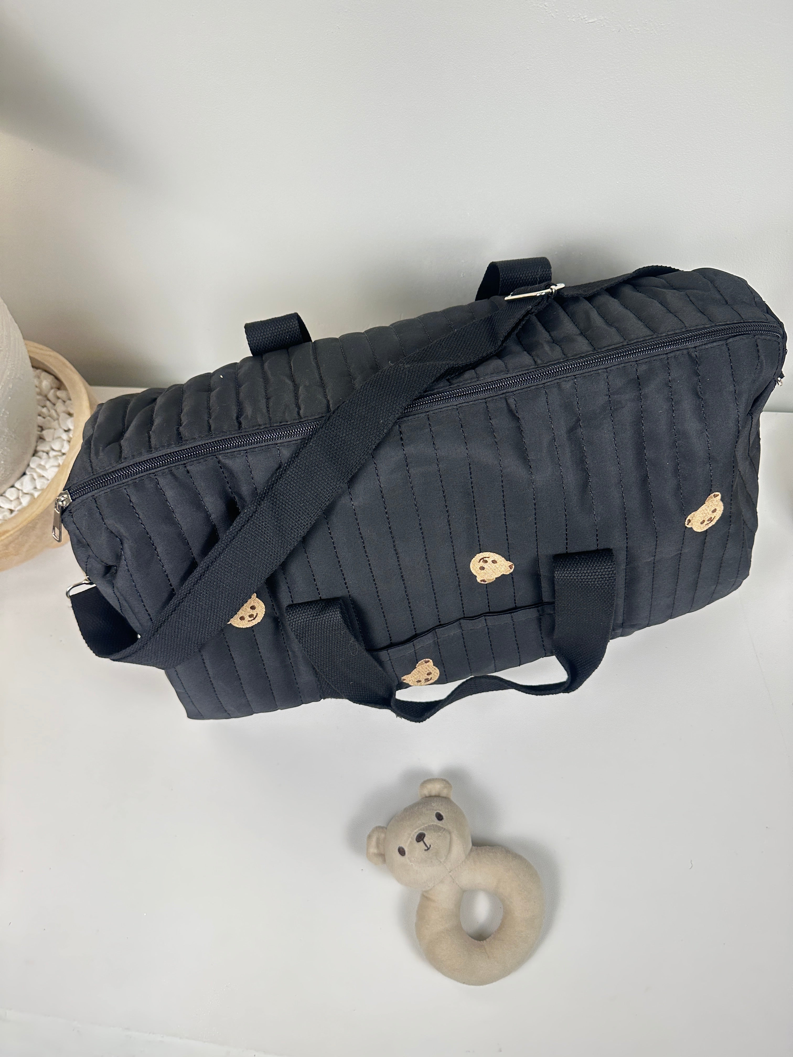 Cozy Quilted Baby Diaper Bag with Bear Pattern, Large Capacity Travel Tote 18“Lx6”Wx12“H