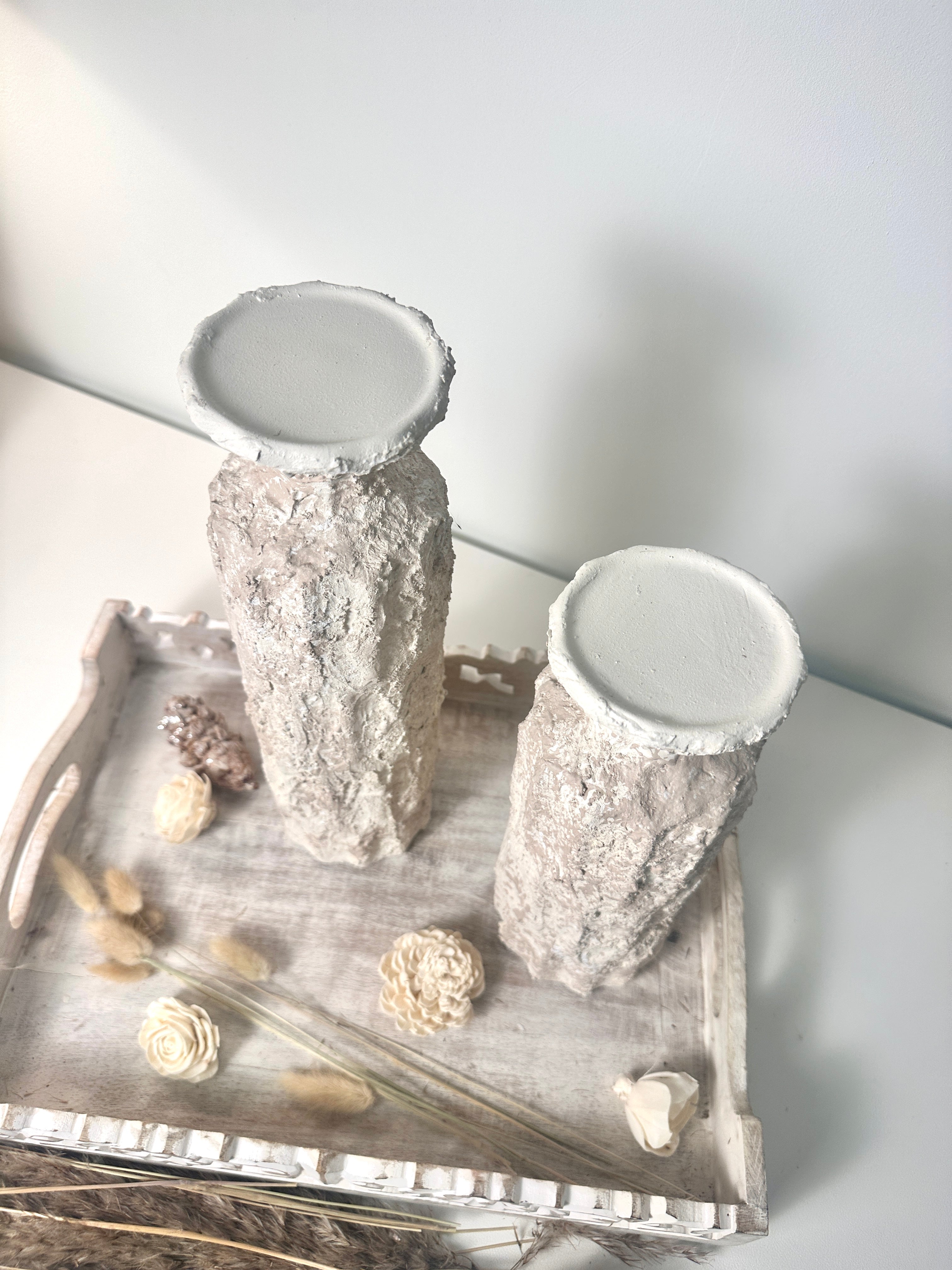 Minimalist Set of 2 Candle Holders Textured Hand-Painted - Cream Sand (10.5x4x4", 13x4x4")