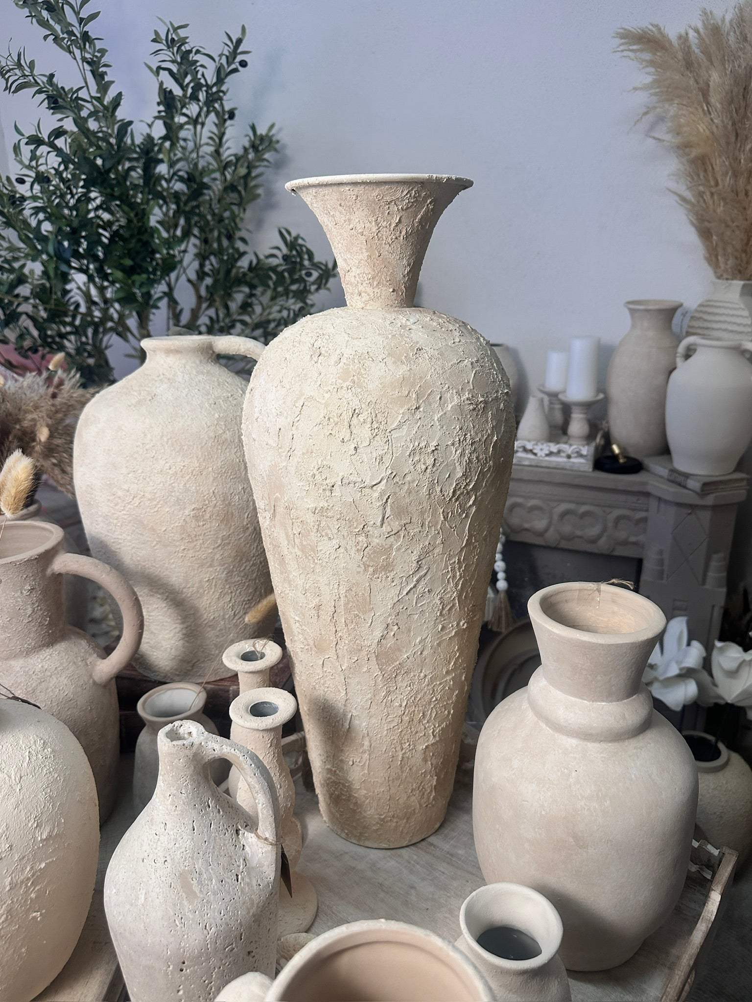 Minimalist Textured Hand-painted Ceramic Floor Vase 25" tall - cream/off-white