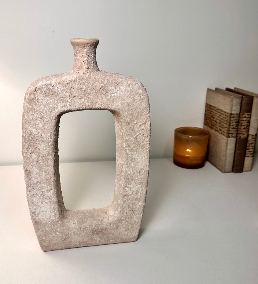 Rustic Hand-Painted Textured Vase 10" tall - Beige Wash