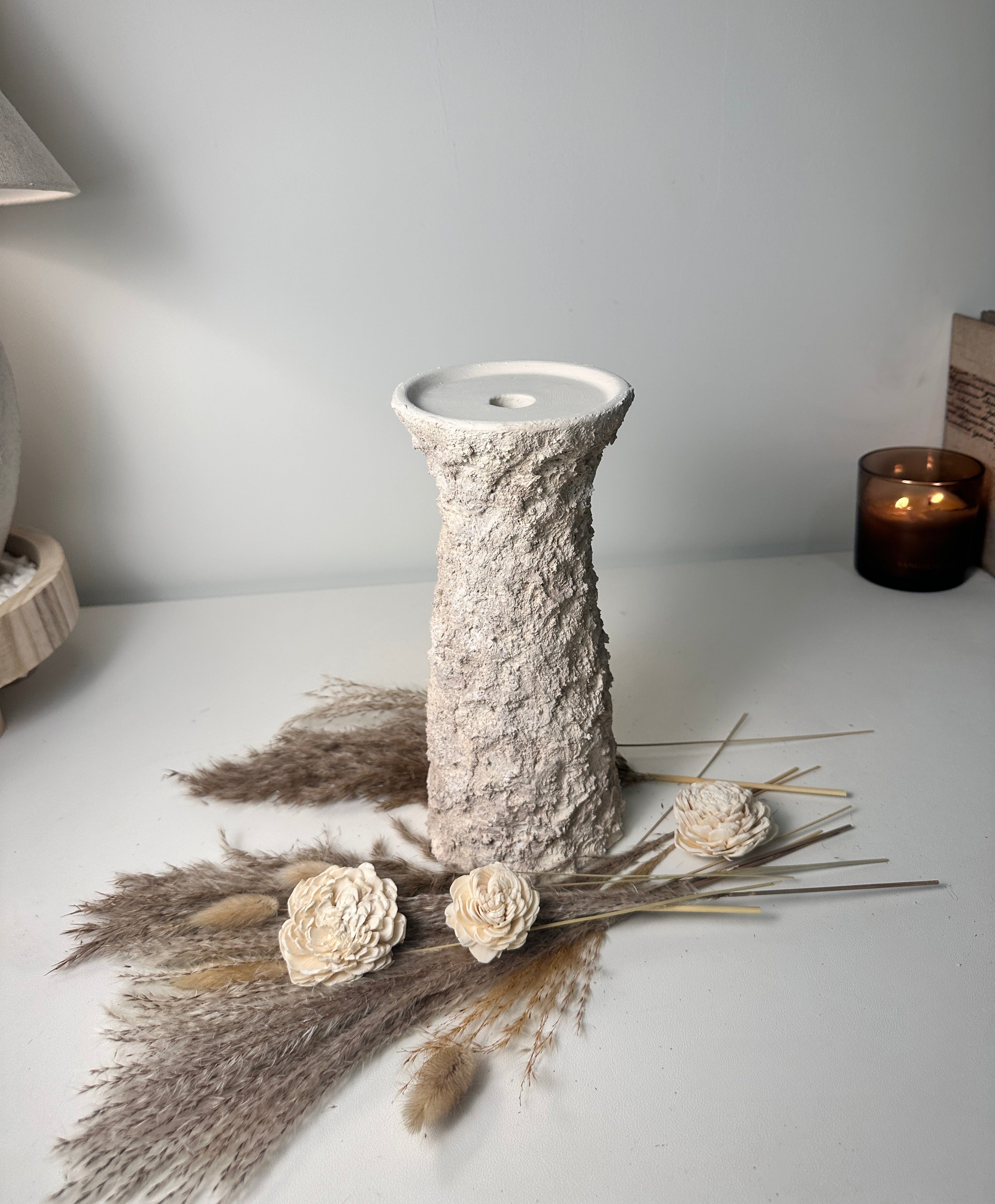 10'5  Minimalist Abstract Textured Candle Holder for Candlestick and Pillar Candle 10'5 tall - Cream wash