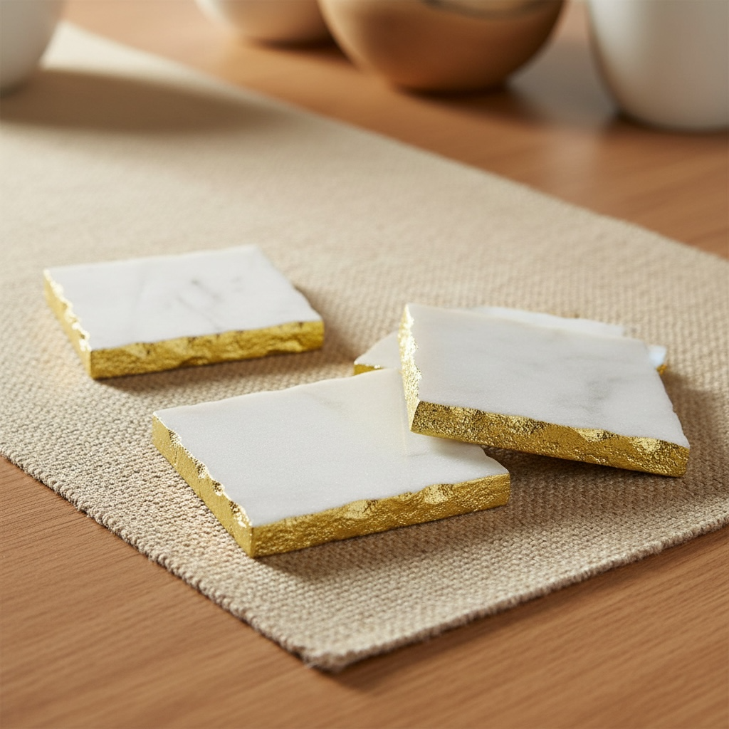 Elegant White Marble and Gold Coasters - Set of 4