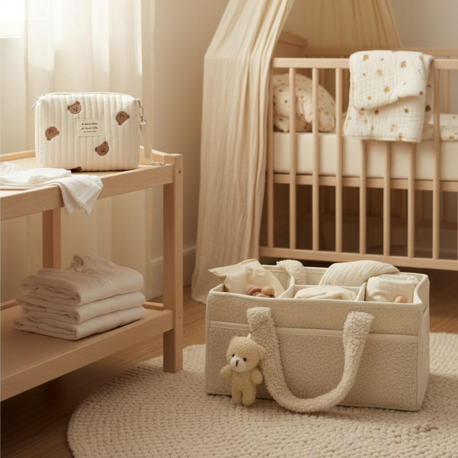 Set of 2 Pouch Bag One Handle and Caddy Diaper Bag for Baby Essentials - Cream