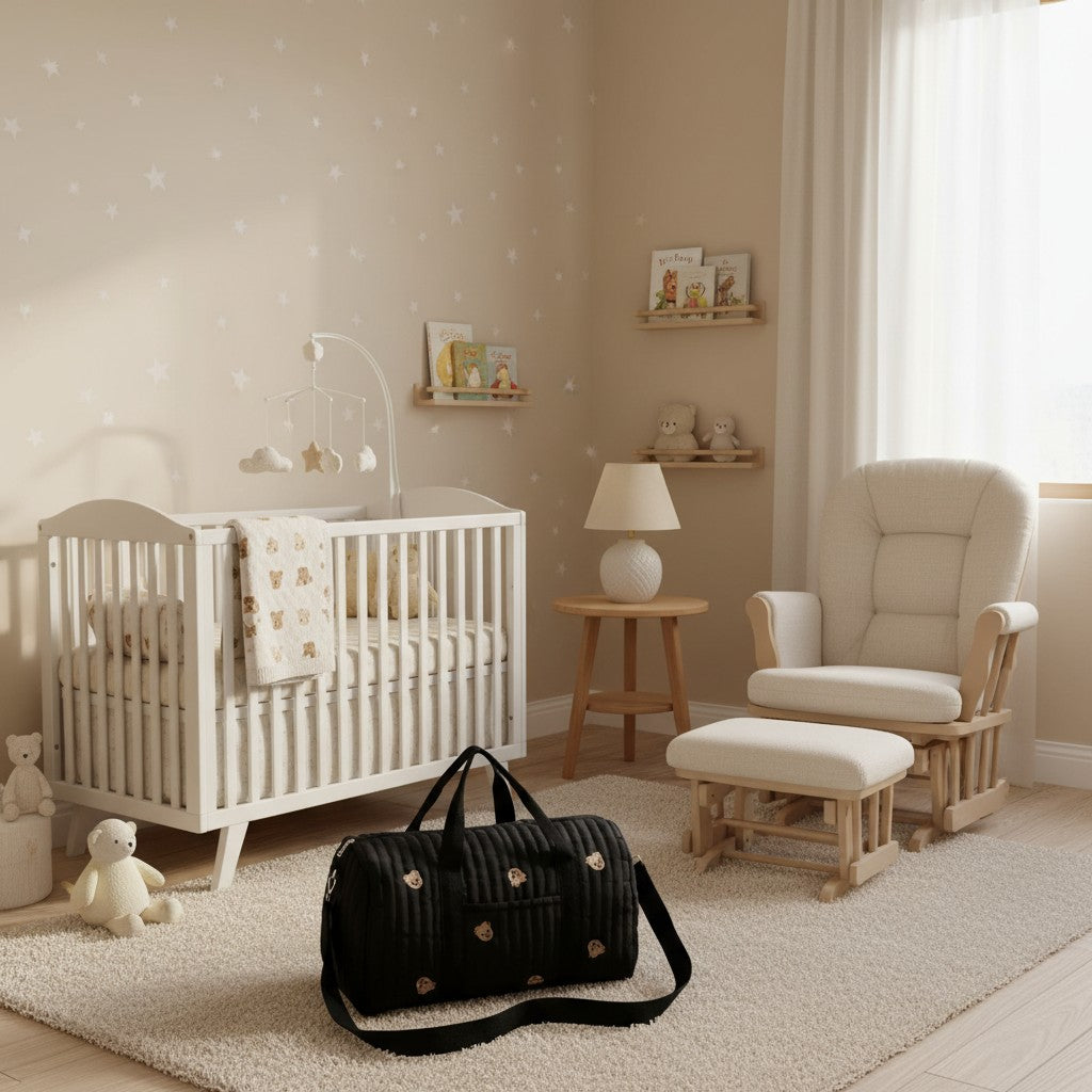 Cozy Quilted Baby Diaper Bag with Bear Pattern, Large Capacity Travel Tote 18“Lx6”Wx12“H