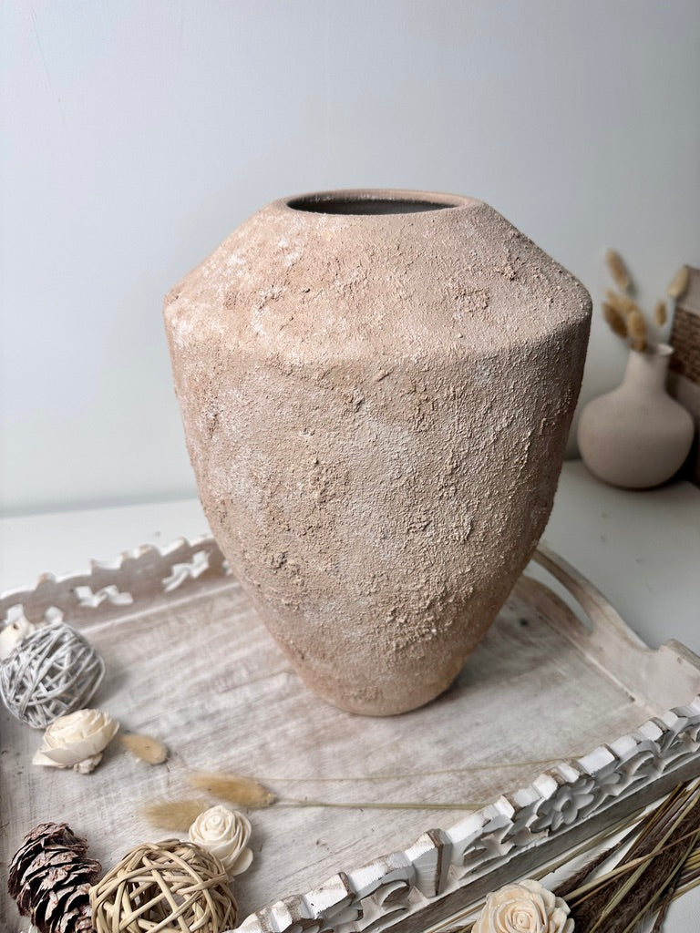 Rustic Minimalist Textured Hand-Painted Ceramic Vase 12" - Light Beige Wash