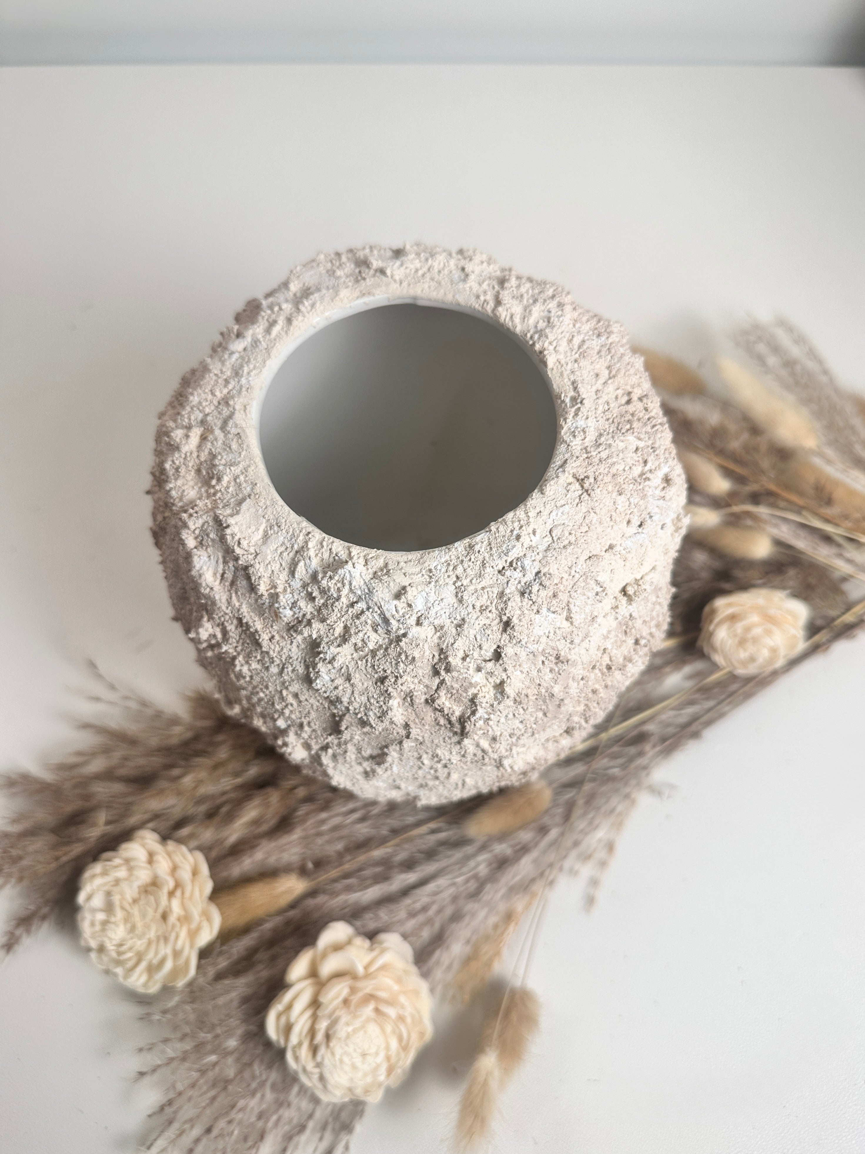 Minimalist Hand-Painted Textured Ceramic Round Vase 7" tall - cream sand wash
