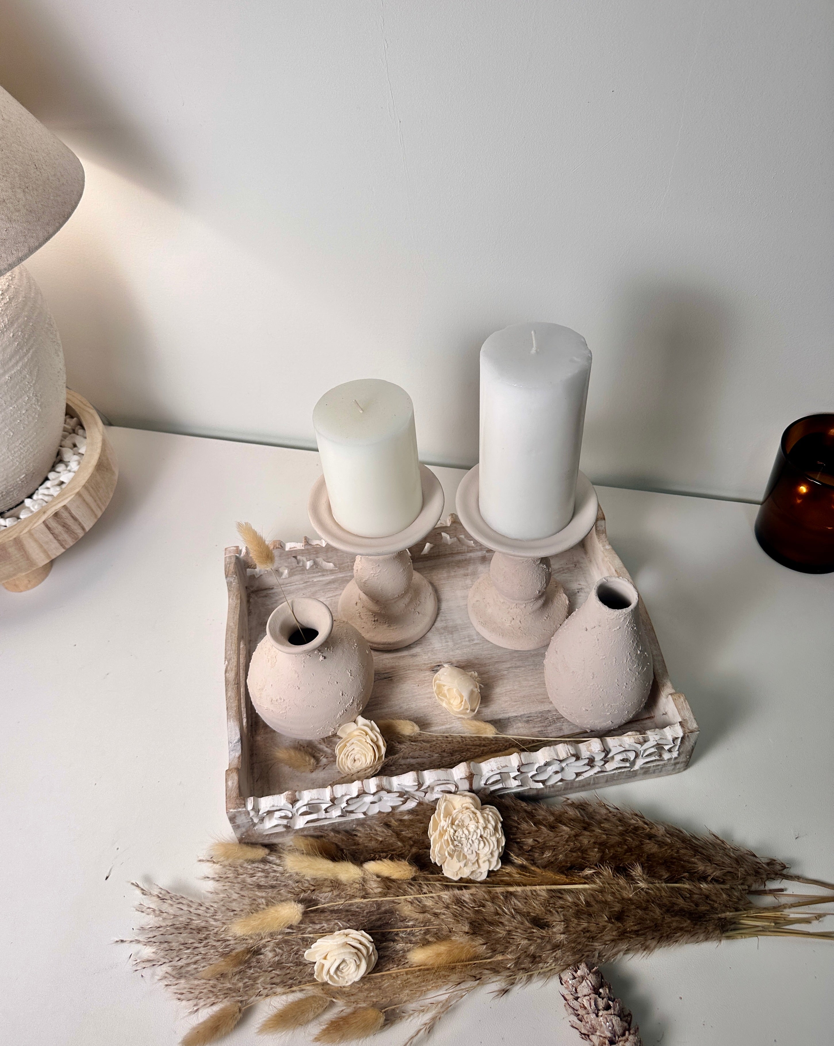 Set of 4 pieces Minimalist Candle Holders with 2 Small Vases - Cream Blush