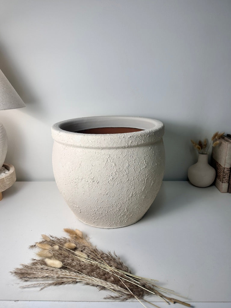 Minimalist Hand-Painted & Textured Planter Pot 12" tall with drainage hole one time creation - Cream