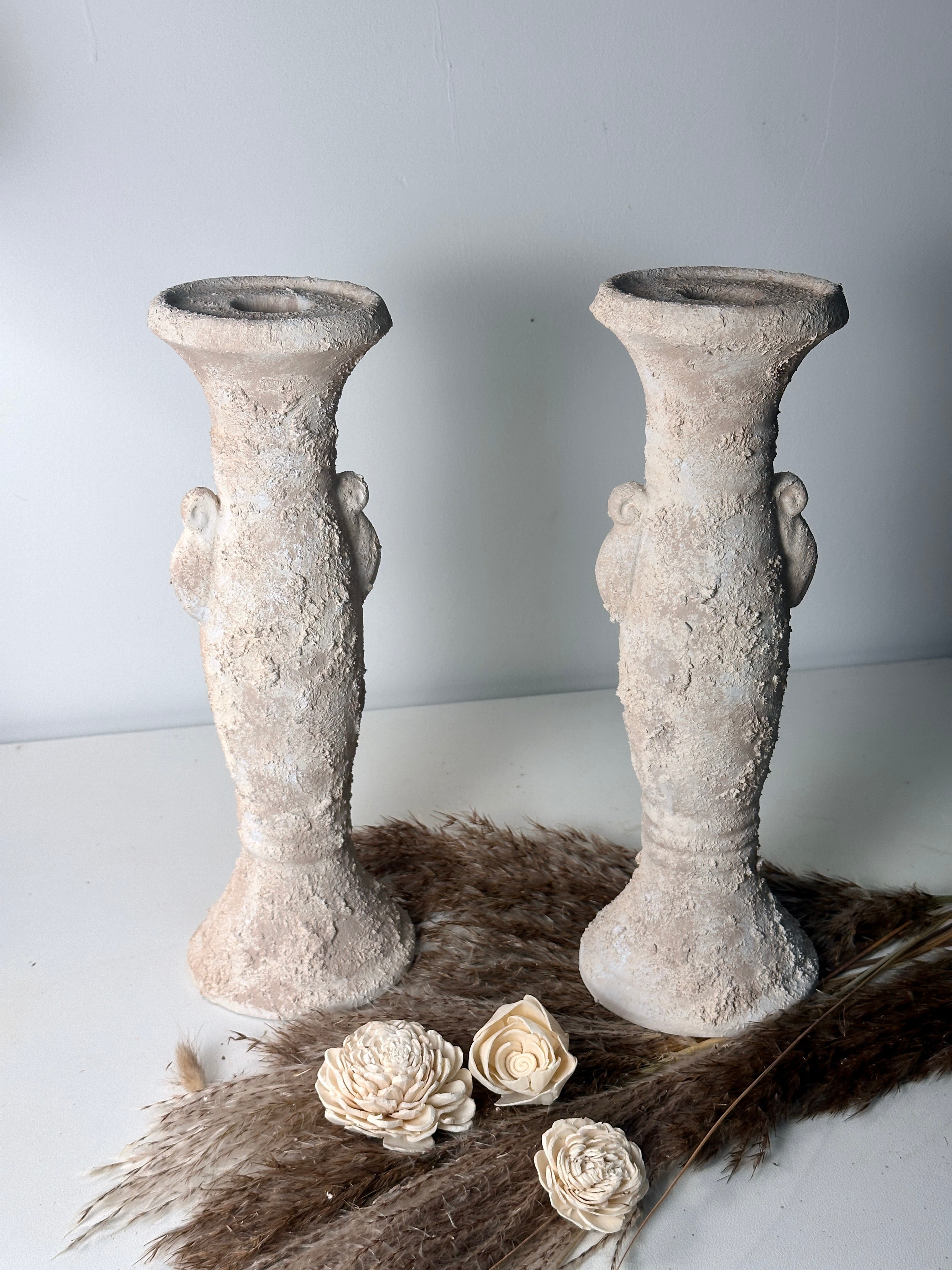 Set of 2 candlestick tray holders hand-painted and textured minimalist roman style 12" tall - Cream Sand wash