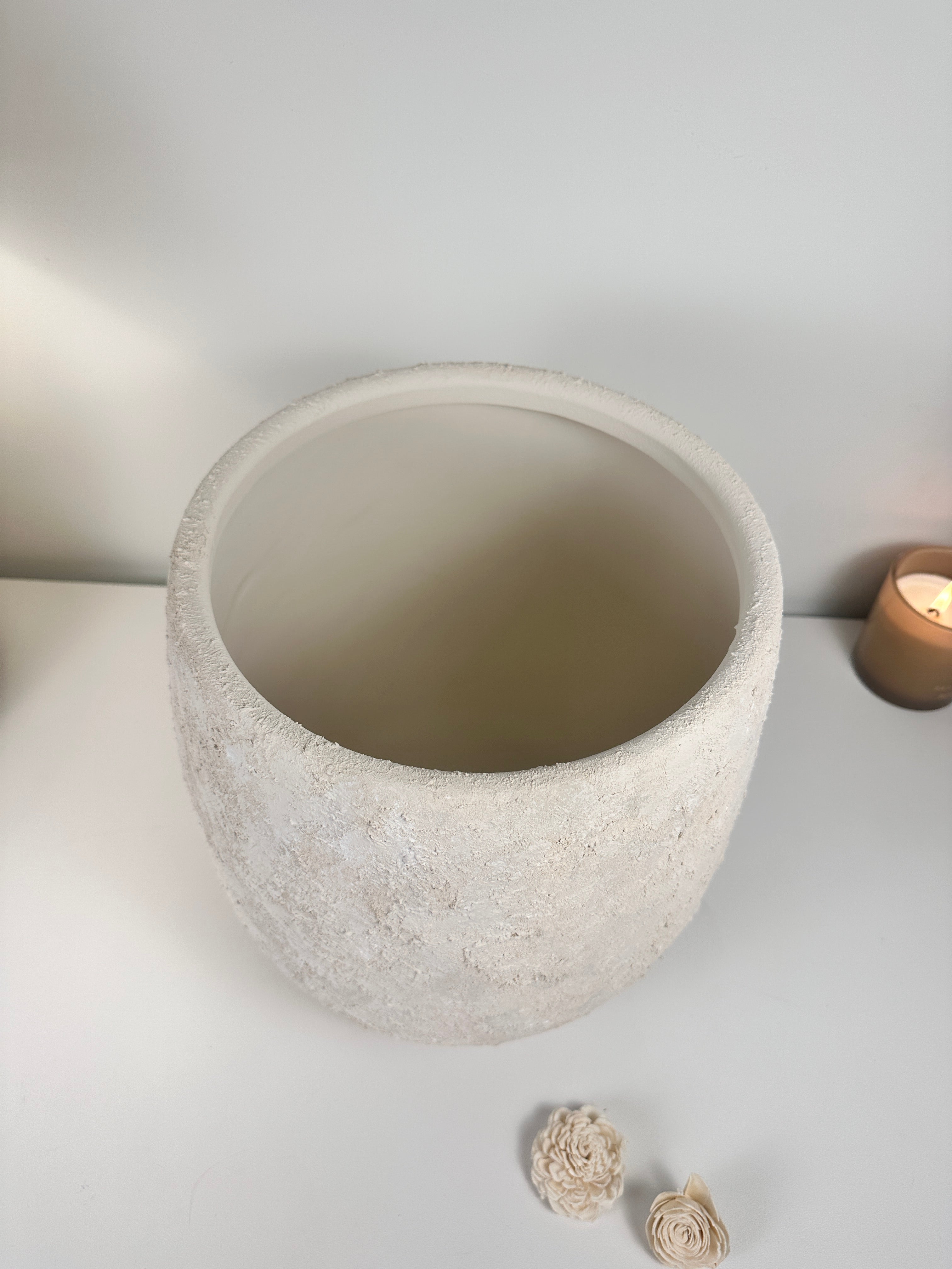Minimalist Textured Hand-painted Ceramic Planter 12.5"" tall - off white washed
